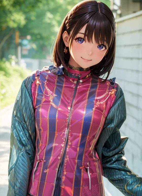 High resolution,In 8K,highest quality,detailed,Semi-realistic anime,Anime 3D Style,Smooth anime CG,One Girl,19-year-old woman in Japan,slim,Modeled,Shiny brown hair,Medium Hair,detailedな顔,Beautiful and detailed,Beautiful and detailed,Glowing Skin,Checkered motorcycle wear,straggling hair,Angelic hairstyle,Deep violet sparkling eyes,(Small breasts),((Looking at the camera)),((Shut your mouth.)),(Smiling)