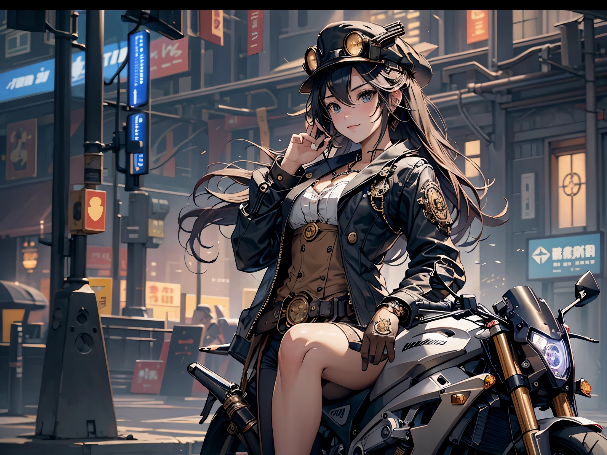 (Line art_anime),(Cowboy Shot, highest quality, ),(Laura Budd Photos:1.2),(Laura Add details:1.0),8K, Flat Color:0.8,Dynamic Angle,1 girl,smile、(On a steampunk motorcycle:1.5)、An elaborately decorated motorcycle、(Highly decorative and complex mechanical steampunk fashion, lace flare dolphin hat、goggles 1.5、machinery background、Gear background、Intricately mechanized steampunk cityscape 1.5),