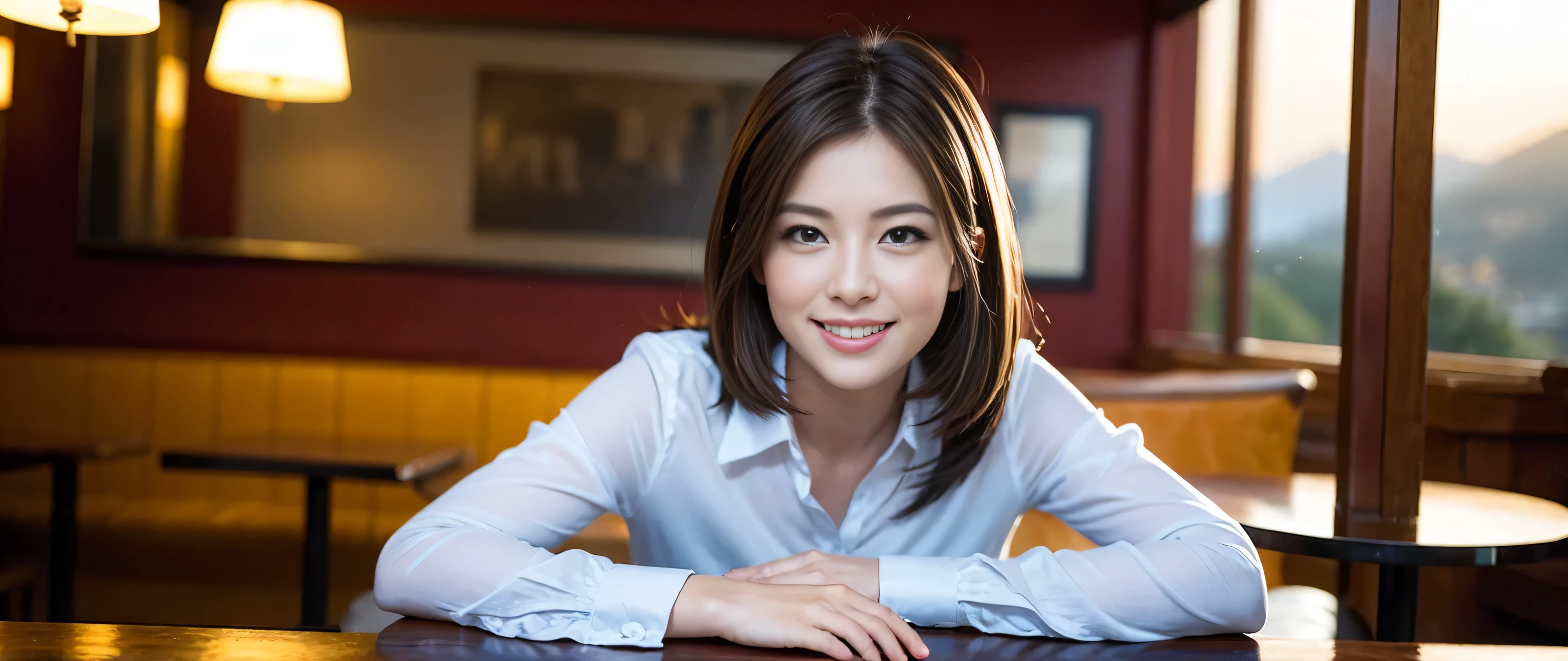 ((highest quality、8k、masterpiece:1.3))、Sharp focus:1.2、Beautiful woman perfect body:1.4、Slim body、((Bob Hale、Straight hair:1.2))、(to be born, highest quality, masterpiece:1.5), (Realistic, Intricate details:1.2), Ultra-high resolution, shine a light on your face、Spectacular view of the sunset sky and clouds、Amazing mountain views、A bright smile、wine glass、red wine 、Appetizer、Italian food、Wine bottle、Champagne、sparkling wine、, Beautiful Face, blue eyes, The light shines on your face, Blushing, short hair,Bright Face、Fox face、 (Age 35), 39 years old, Lady、Two beauties、brown hair、Shortcuts、Long sleeve shirt、dress、Pretty Woman 1, (slim face), (The body is slim), (brown hair), (Shortcuts), cheeks turn a little red,charming beauty、, Out of the window, A beautiful and detailed night view unfolds.........., restaurant, In a prominent place (From the waist up) Nova Frog Style, actress, model, Upper Body, White wine, slim, wine glass, A wine glass placed in the middle, smile, (smile: 1.15), Beautiful fine grain, Depth f/2,saturation, High Contrast, Strong light and shadow,Moist Body:1.5、3D texture、Delicate eyes、brown hair、The hair is very shiny、