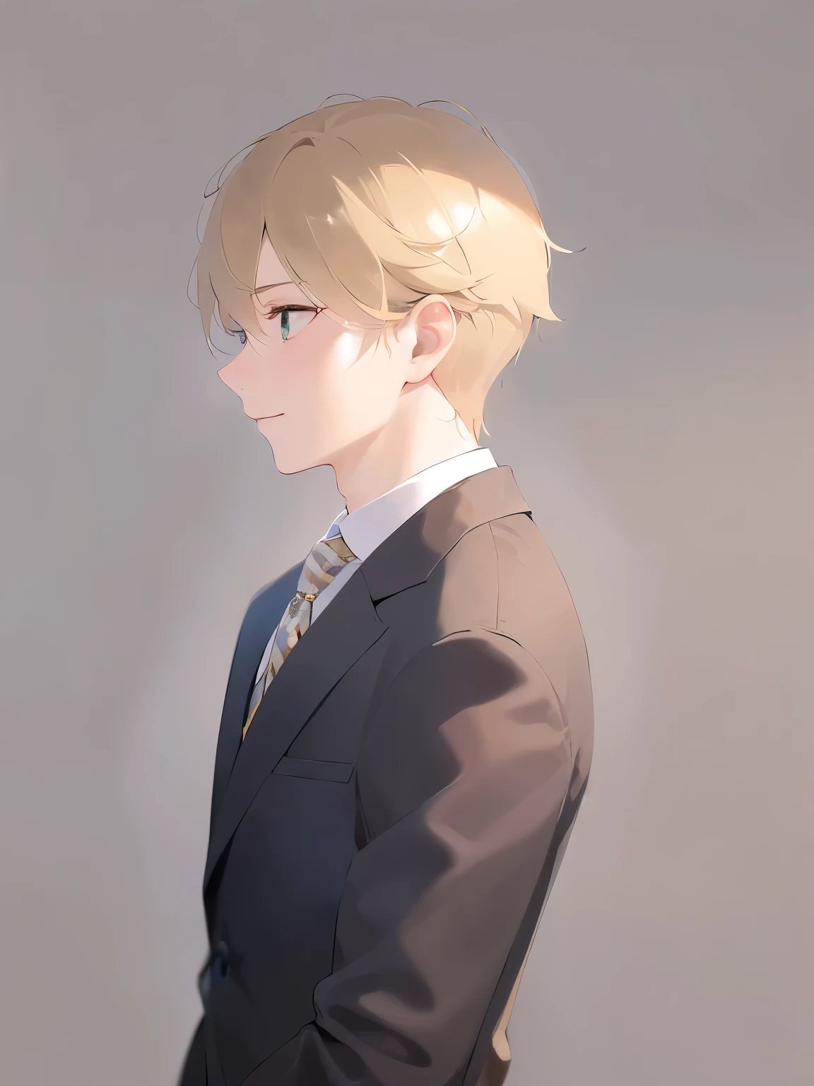 side angle, (looking away:1.5), masterpiece、highest quality、(25-year-old male:1.5) and (blonde short hair) and (Green Eyes), (Wearing a suit:1.3)、Wearing a white shirt、Wearing a blue tie、Are standing、smile、The background is the office、(Alone:1.5)、Upper body is shown、