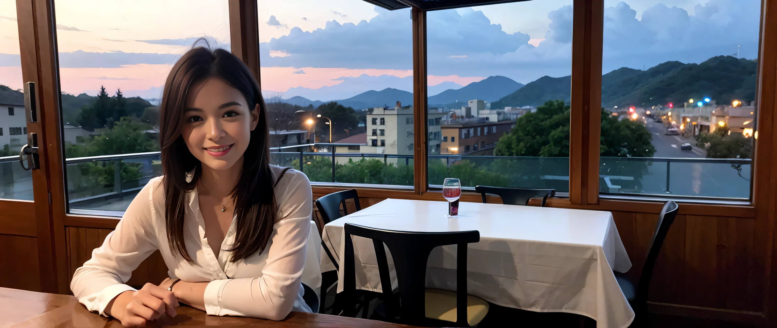 ((highest quality、8k、masterpiece:1.3))、Sharp focus:1.2、Beautiful woman perfect body:1.4、Slim body、((Bob Hale、Straight hair:1.2))、(to be born, highest quality, masterpiece:1.5), (Realistic, Intricate details:1.2), Ultra-high resolution, shine a light on your face、Spectacular view of the sunset sky and clouds、Amazing mountain views、A bright smile、wine glass、red wine 、Appetizer、Italian food、Wine bottle、Champagne、sparkling wine、, Beautiful Face, blue eyes, The light shines on your face, Blushing, short hair,Bright Face、Fox face、 (Age 35), 39 years old, Lady、Two beauties、brown hair、Shortcuts、Long sleeve shirt、dress、Pretty Woman 1, (slim face), (The body is slim), (brown hair), (Shortcuts), cheeks turn a little red,charming beauty、, Out of the window, A beautiful and detailed night view unfolds.........., restaurant, In a prominent place (From the waist up) Nova Frog Style, actress, model, Upper Body, White wine, slim, wine glass, A wine glass placed in the middle, smile, (smile: 1.15), Beautiful fine grain, Depth f/2,saturation, High Contrast, Strong light and shadow,Moist Body:1.5、3D texture、Delicate eyes、brown hair、The hair is very shiny、