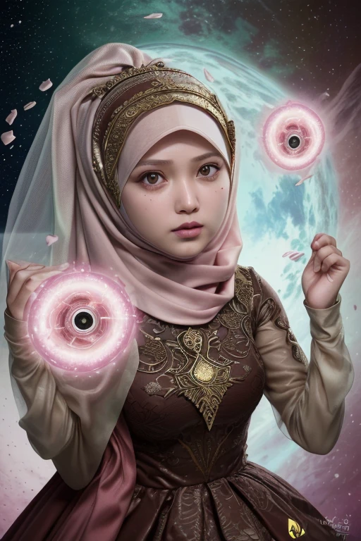 action shot, establishing, ParadiseGirl Airlock,Masterpiece, kualitas terbaik, highres, wanita indonesia hijab dan mengenakan baju satin transparan,kesempurnaan dinamis, hijau pink, halus, fokus tajam, ilustrasi, seni, detail wajah, 4k, latar belakang kantoran, mata coklat .