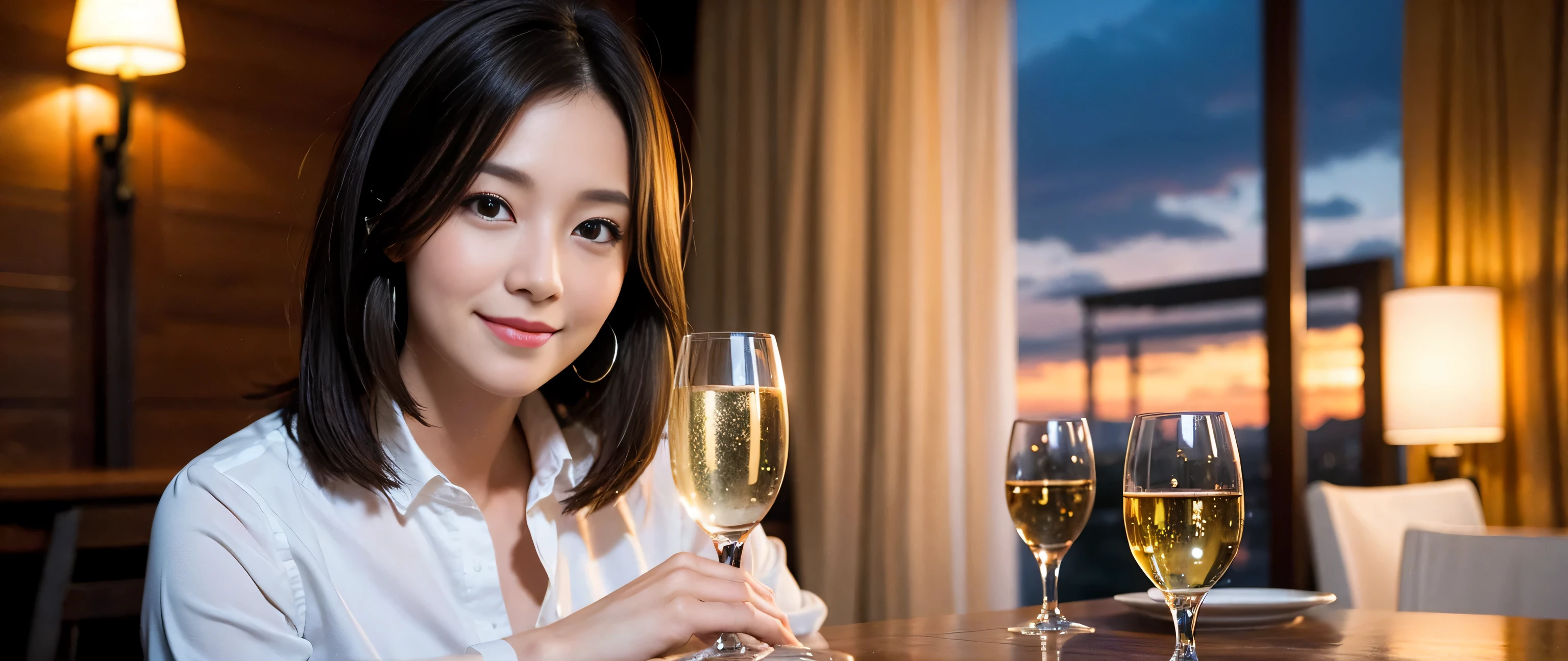 ((highest quality、8k、masterpiece:1.3))、Sharp focus:1.2、Beautiful woman perfect body:1.4、Slim body、((Bob Hale、Straight hair:1.2))、(to be born, highest quality, masterpiece:1.5), (Realistic, Intricate details:1.2), Ultra-high resolution, shine a light on your face、Spectacular view of the sunset sky and clouds、Amazing mountain views、A bright smile、wine glass、red wine 、Appetizer、Italian food、Wine bottle、Champagne、sparkling wine、, Beautiful Face, blue eyes, The light shines on your face, Blushing, short hair,Bright Face、Fox face、 (Age 35), 39 years old, Lady、Two beauties、brown hair、Shortcuts、Long sleeve shirt、dress、Pretty Woman 1, (slim face), (The body is slim), (brown hair), (Shortcuts), cheeks turn a little red,charming beauty、, Out of the window, A beautiful and detailed night view unfolds.........., restaurant, In a prominent place (From the waist up) Nova Frog Style, actress, model, Upper Body, White wine, slim, wine glass, A wine glass placed in the middle, smile, (smile: 1.15), Beautiful fine grain, Depth f/2,saturation, High Contrast, Strong light and shadow,Moist Body:1.5、3D texture、Delicate eyes、brown hair、The hair is very shiny、