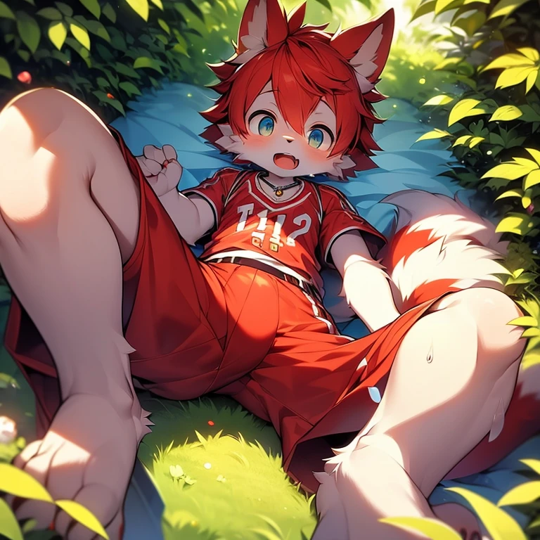 youth,Shota,Red Hair ,male, Lying down, Masterpiece, high resolution,8K,Detailed background,high quality, Boys,looking at the audience,Viewing angle,From the front,shorter pants,male焦点,Wolf's facial features,character boy,Wearing a necklace,Basketball costumes,in the forest,Sweating,Open your mouth,Expression of enjoyment,