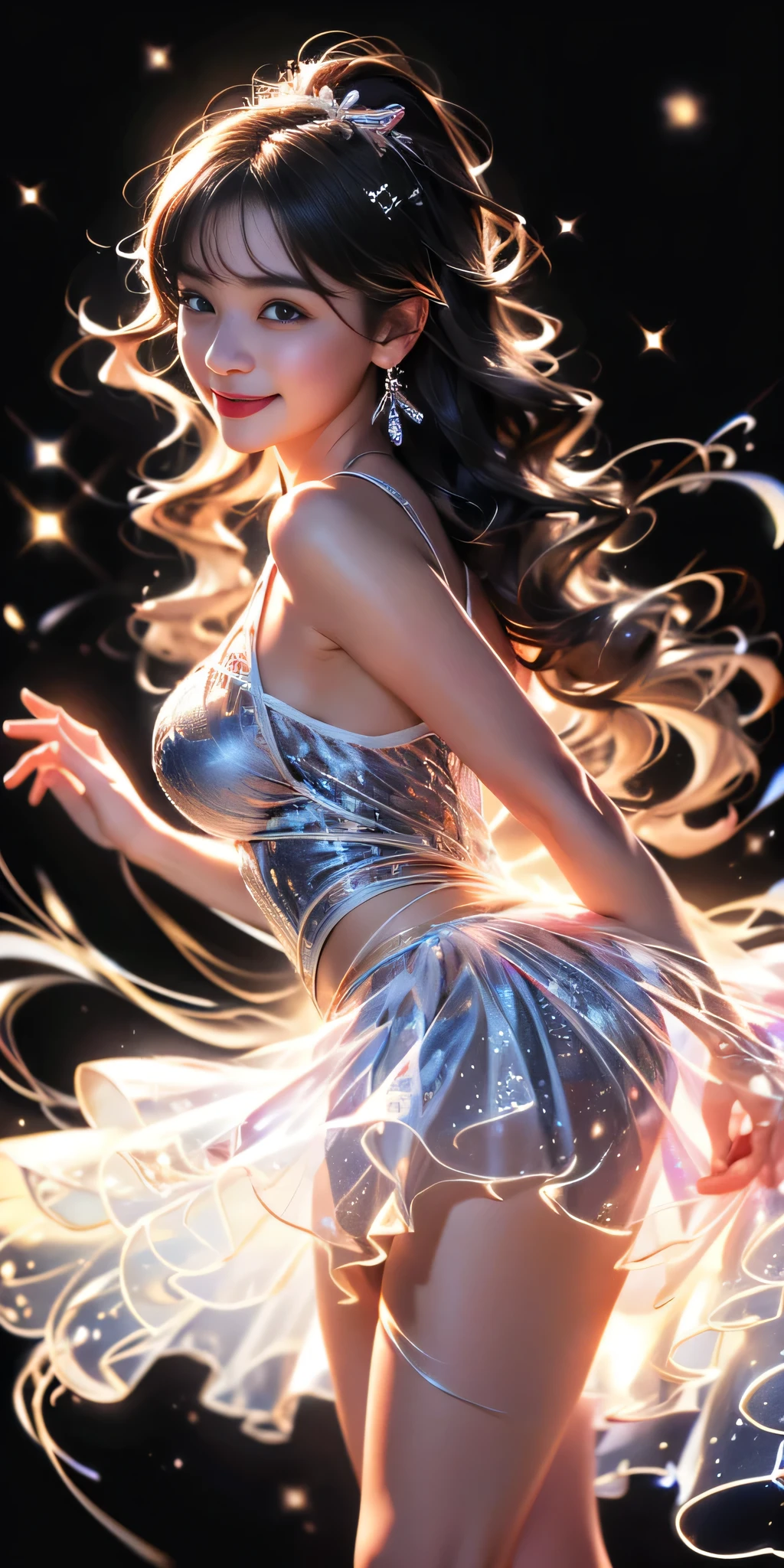 (masterpiece:1.3)、最high quality、Ultra-high resolution、(masterpiece、high quality:1.2)、(Sharp Focus)、(Photorealistic:1.4)、bail_particle,bail_OK,line of light,Light particles,A girl made of particle,The density of OK at the finger part is high,(Gray Hair:0.3)、1 girl、UHD、35mm、rtx on、masterpiece、135mm IMAX、Queen of Southeast Asia、(Succubus)、(Cowboy Shot)、Alluring、sexy、Eros、Skin irregularities、Learn more about skin、Beautiful face、A detailed and perfect face、even and large eyes、A gentle smile、Perfect proportions、Big Breasts、Big Breasts細いウエスト、belly button、Big Ass、Crotch gap、Sexy thick thighs、Great light、Beautiful lighting、Curly long hair、Brown Hair、Blunt bangs、Lace fabric、Sexy catsuit、Gorgeous Accessories、Knee-high socks、Fair skin、smile、cute smile、
