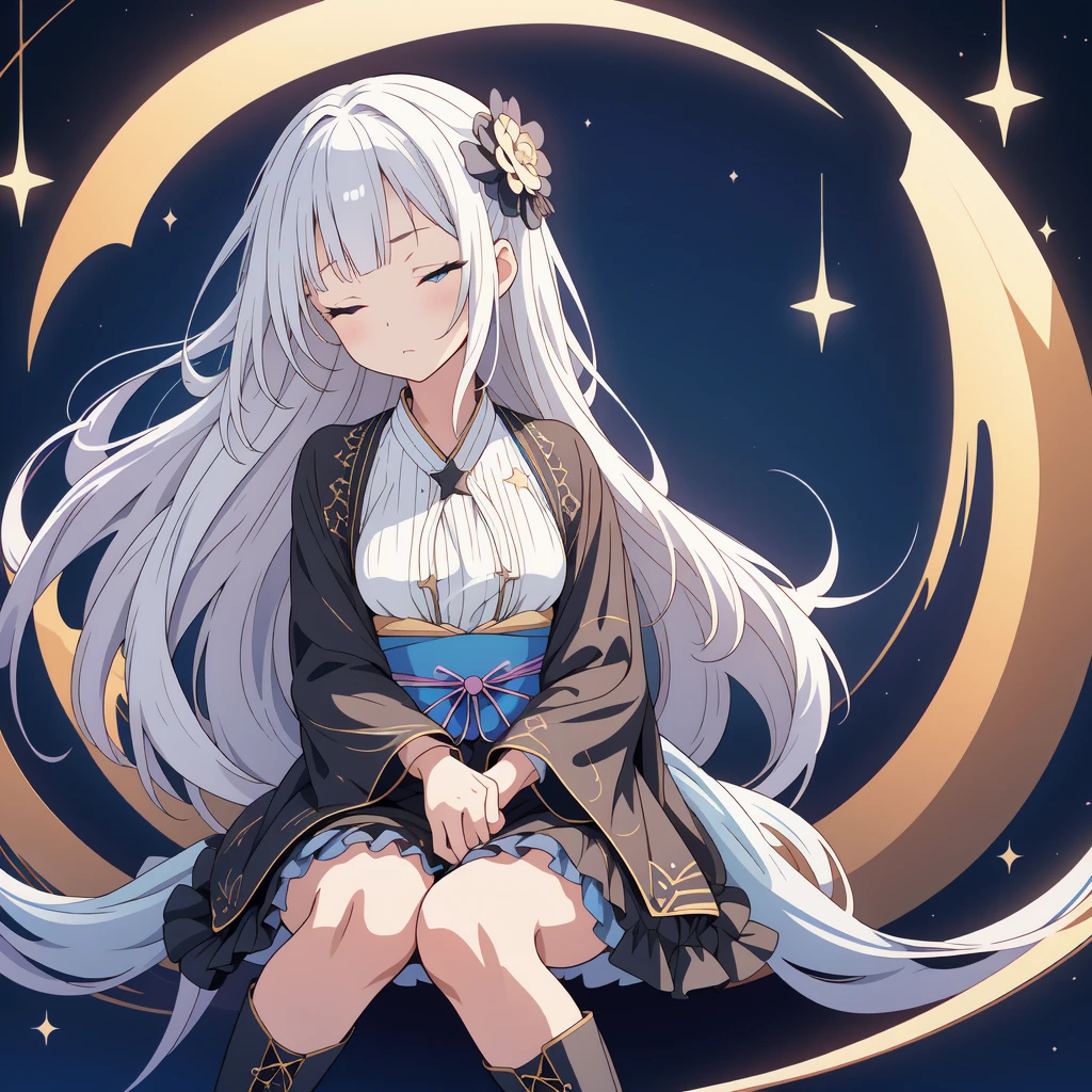 Star Fairy、(masterpiece, best quality), 1girl, sitting on the crescent moon、「A beautifully printed galaxy patterned kimono and gothic lolita outfit.、Space pattern box pleated mini skirt with ruffles、Front view portrait、Knee-high boots、Captivating eyes、Perfect and stunning face、Exquisite details、Clear images、highest quality。」Milky white and light blue gradient long straight hair、Her hands are on her lap, she is leaning against the crescent moon, her eyes closed and dozing off.、