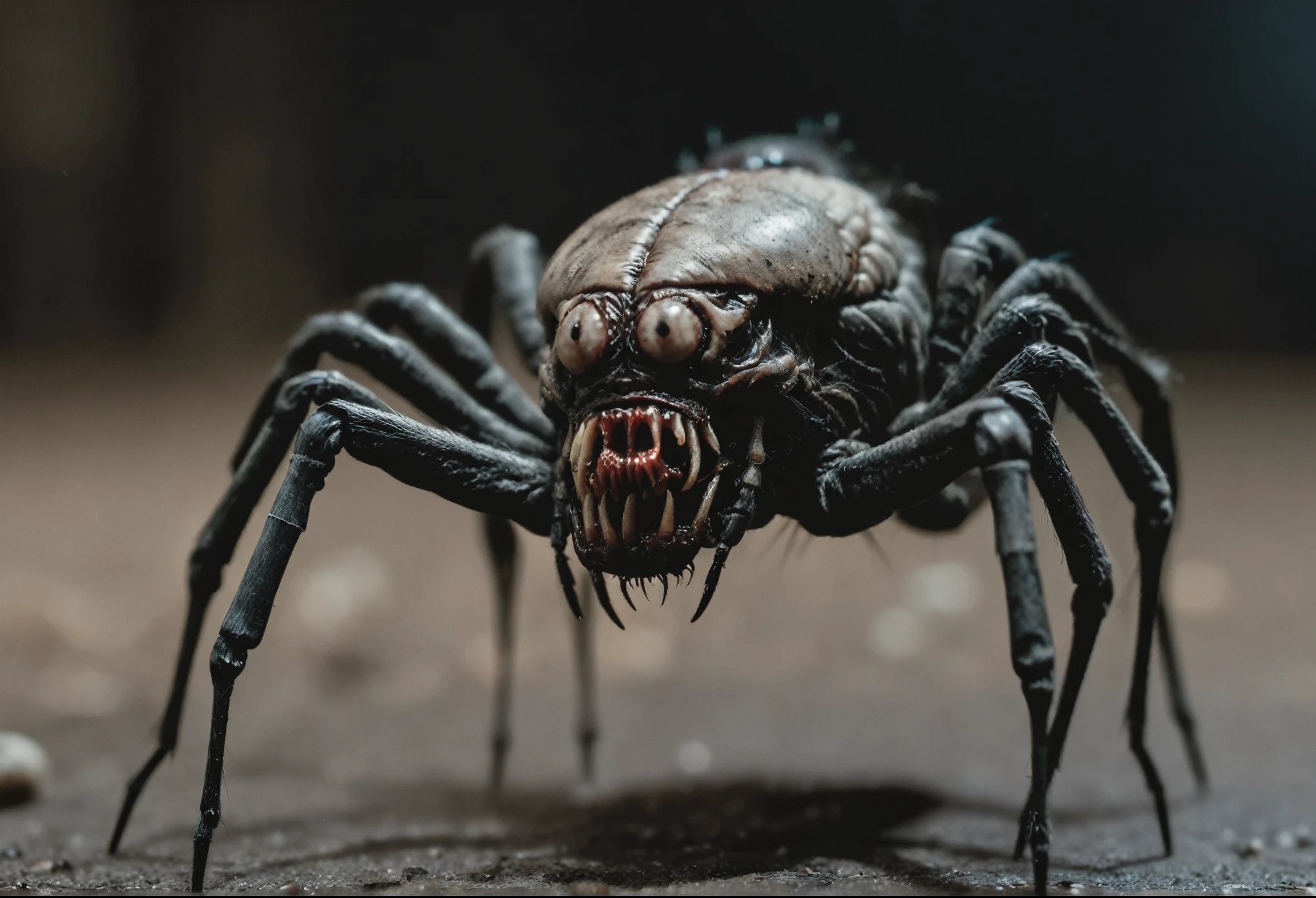 Horror-themed cinematic film still tiny embryonic horse with slider legs and one large bug's mouth, for a head, trending on artstation, scary, subsurface scattering, horse, spider high budget, bokeh, cinemascope, moody, epic, gorgeous, film grain, grainy . Eerie, unsettling, dark, spooky, suspenseful, grim, highly detailed