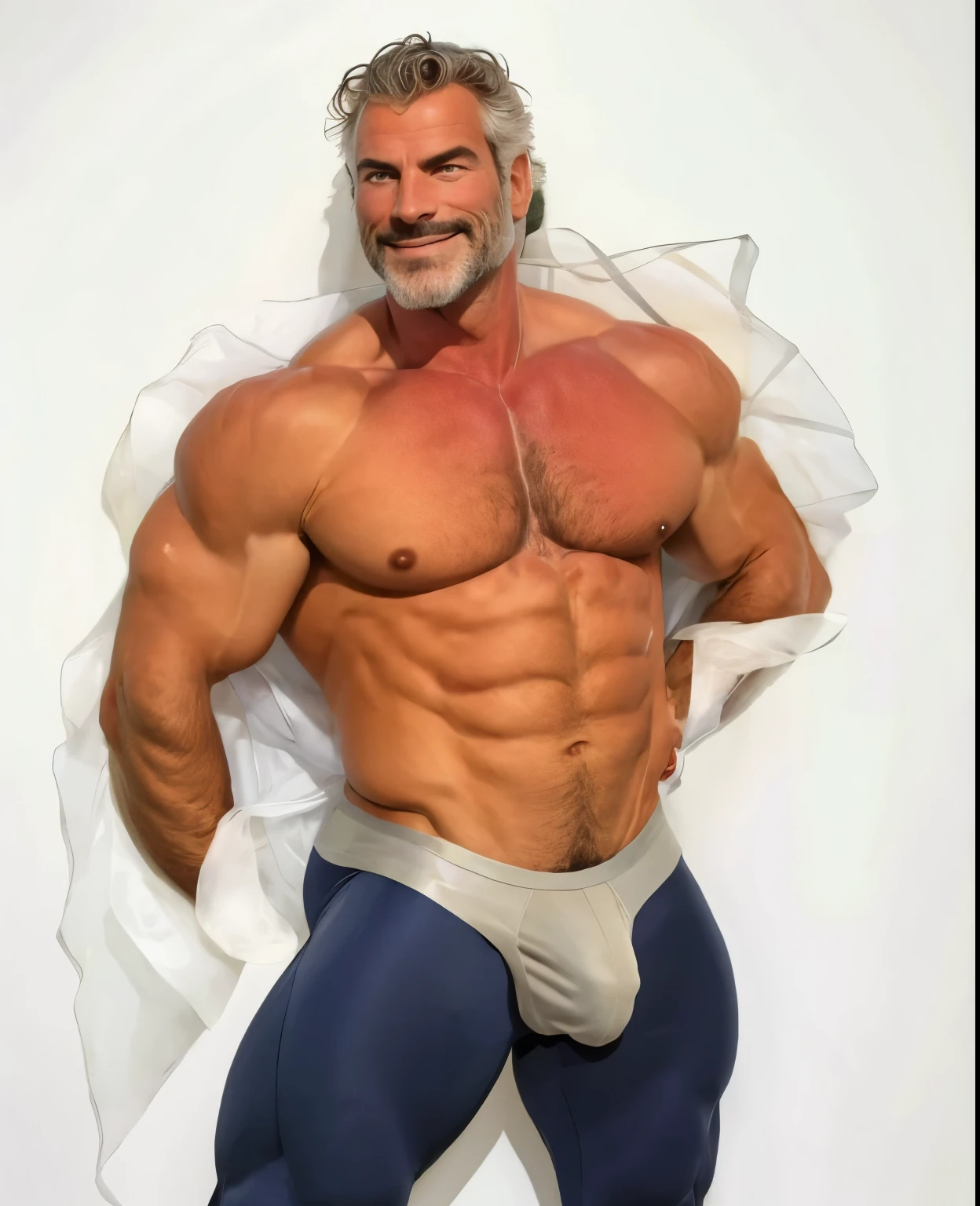 (handsome mature man), (50 yo), white man, wearing spandex, bulge, (beefy:1.3), beard, looking at viewer, beautiful man, detailed eyes, symmetric face, smirk, robust, greying hair