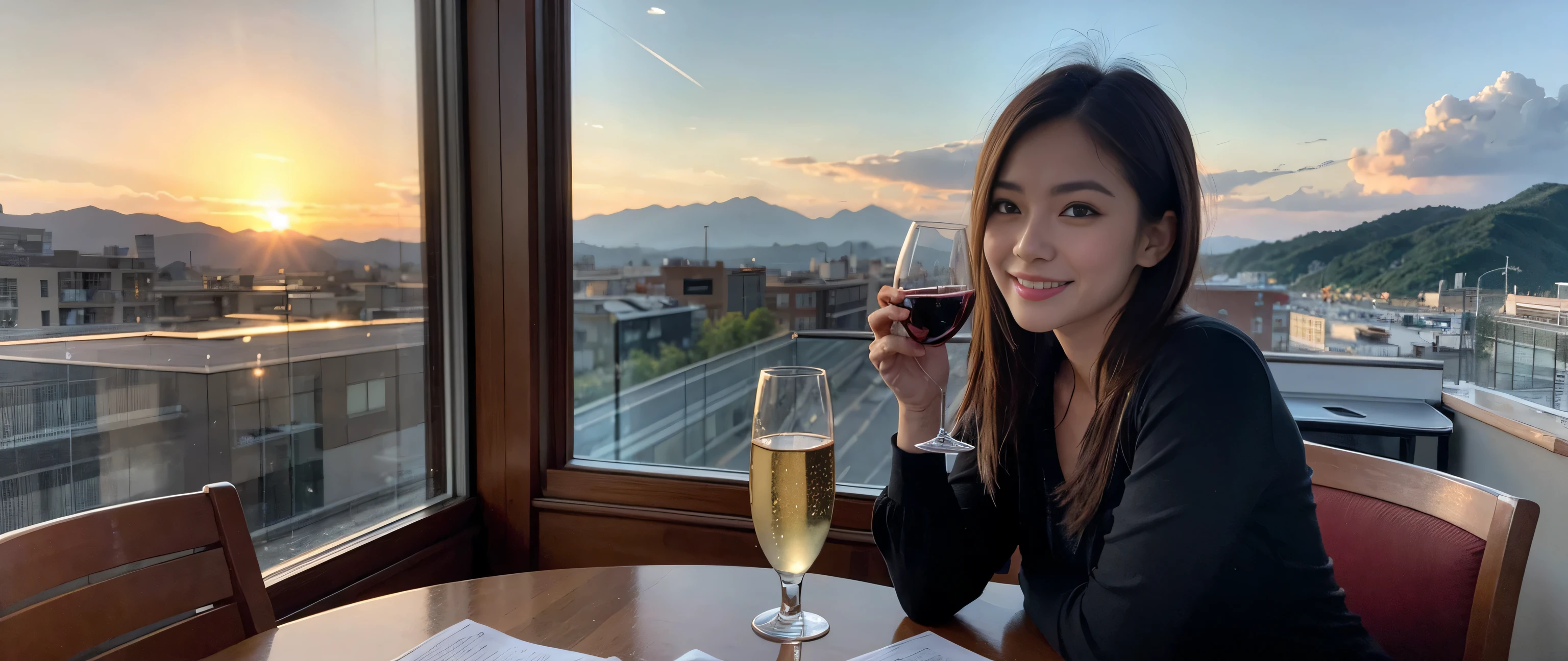 ((highest quality、8k、masterpiece:1.3))、Sharp focus:1.2、Beautiful woman perfect body:1.4、Slim body、((Bob Hale、Straight hair:1.2))、(to be born, highest quality, masterpiece:1.5), (Realistic, Intricate details:1.2), Ultra-high resolution, shine a light on your face、Spectacular view of the sunset sky and clouds、Amazing mountain views、A bright smile、wine glass、red wine 、Appetizer、Italian food、Wine bottle、Champagne、sparkling wine、, Beautiful Face, blue eyes, The light shines on your face, Blushing, short hair,Bright Face、Fox face、 (36 years old), 34 years old, Lady、Two beauties、brown hair、Shortcuts、Long sleeve shirt、dress、Pretty Woman 1, (slim face), (The body is slim), (brown hair), (Shortcuts), cheeks turn a little red,charming beauty、, Out of the window, A beautiful and detailed night view unfolds.........., restaurant, In a prominent place (From the waist up) Nova Frog Style, actress, model, Upper Body, White wine, slim, wine glass, A wine glass placed in the middle, smile, (smile: 1.15), Beautiful fine grain, Depth f/2,saturation, High Contrast, Strong light and shadow,Moist Body:1.5、3D texture、Delicate eyes、brown hair、The hair is very shiny、