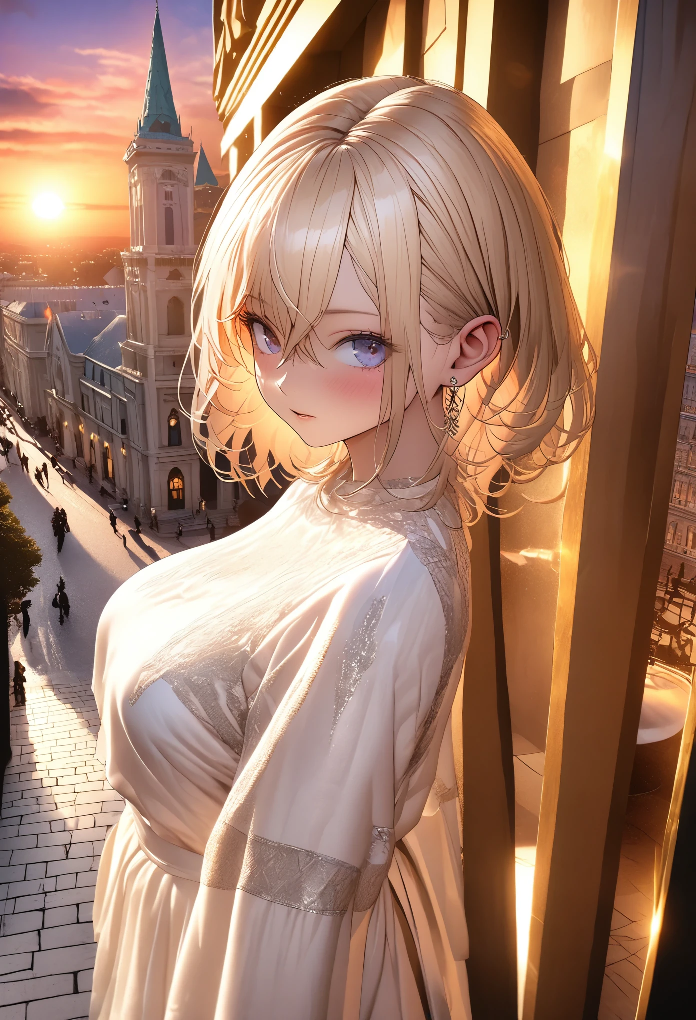 8k、masterpiece、highest quality、Highest Level、Best image quality、Drawing a person using line art、Pieces fly、Intricate details、High resolution、Depth Field、Natural light、Professional Lighting、A European tourist city that has flourished since ancient times、The city turns red in the sunset、Sunset sky、(One girl)、soro、Italian girl posing for the camera、(cute:1.2)、(Skin with attention to detail: 1.2)、Photorealistic Anime Girl Rendering、Realistic anime 3D style、Beautiful light blonde hair、Strong blue eyes、Strong eye highlights、big breasts、Perfect Anatomy、Crossed bangs、Asymmetrical bangs、Put out your ears、eyelash、(Casual Fashion、short boots)、Realistic Cars、((Italian tourist destinations、The city turns red in the sunset、A historic streetscape、Luxury hotel with marble entrance、Cafe Terrace、Tall church tower、Detailed old castle、Sunset sky、Watching the sunset and the city))、