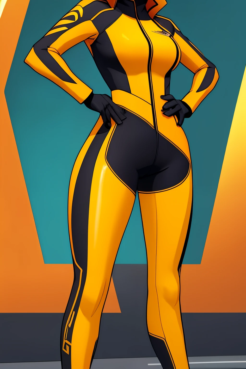 female, 25yr,dynamic costume with shades of yellow and orange,outfit features sleek lines and a stylized sound wave emblem.