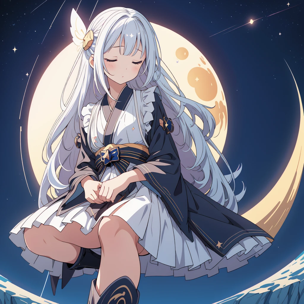 Star Fairy、(masterpiece, best quality), 1girl, sitting on the crescent moon、「A beautifully printed galaxy patterned kimono and gothic  outfit.、Space pattern box pleated mini skirt with ruffles、Front view portrait、Knee-high boots、Captivating eyes、Perfect and stunning face、Exquisite details、Clear images、highest quality。」Milky white and light blue gradient long straight hair、Her hands are on her lap, she is leaning against the crescent moon, her eyes closed and dozing off.、
