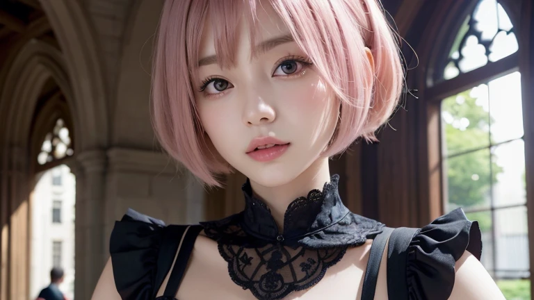 (Bob Cut Hair, Pink Hair:1.2),(wearing black Gothic Lolita clothes:1.2),1 girl,Japanese,21 years old,(Small breasts:1.3),(highest quality,masterpiece:1.3,超A high resolution,),(Ultra-detailed,Caustics),(Photorealistic:1.4,RAW shooting,)Ultra-Realistic Capture,Very detailed,High resolution 16K human skin close-up。 Natural skin texture、,Pores、、It needs to be detailed enough to be easily identifiable。 Skin should be even-toned and healthy looking。 Use natural light and colour, Sad expression, Looking at the camera, Perfect dynamic composition, Inside the church