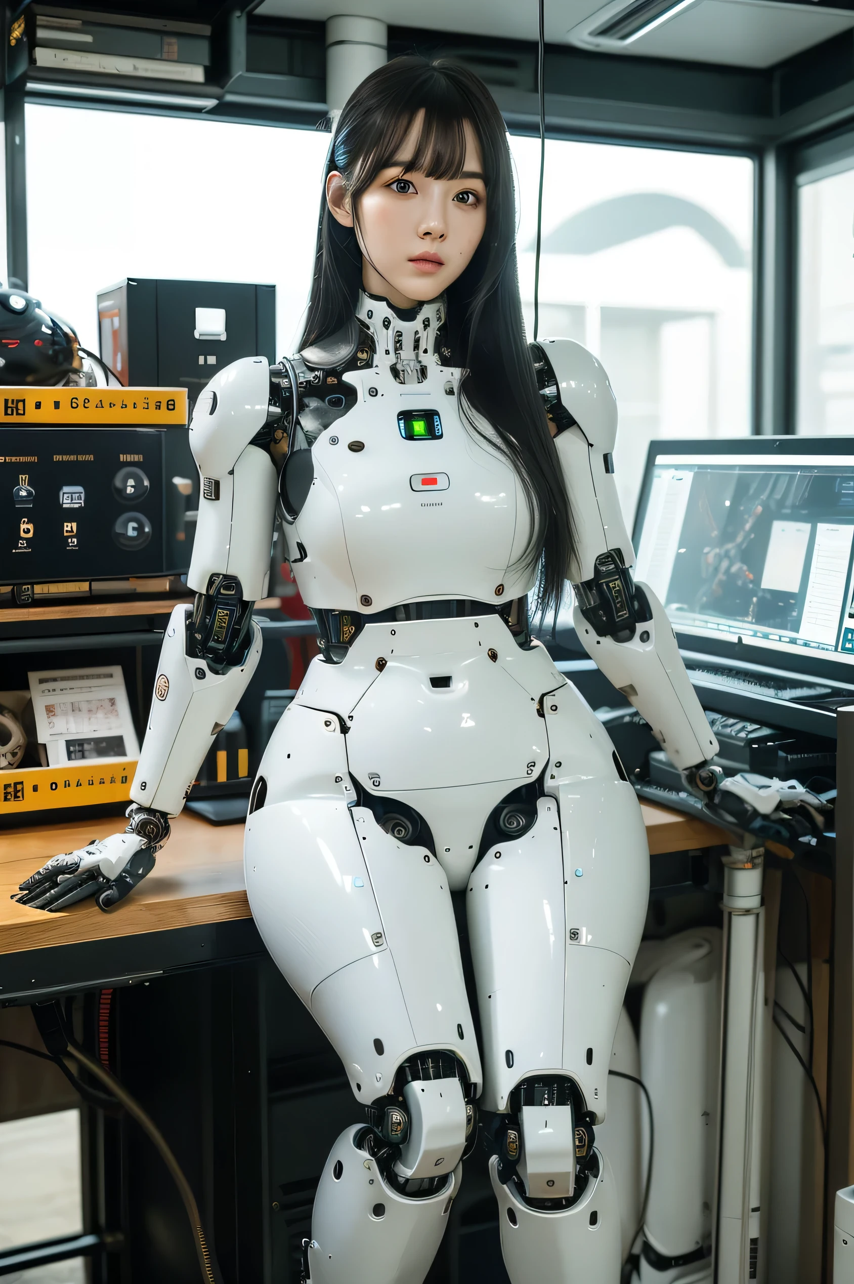 masterpiece, best quality, extremely detailed, portrait,Japaese android girl,Plump,a bit chubby,control panels,android,Droid,Mechanical Hand, ,Robot arms and legs, Black hair,Mechanical body,Blunt bangs,White Robotics Parts,perfect robot woman,Charging spot,Long Tube,A thick cable was connected to her neck,perfect mechanical body,white robotics body,future assembly plant,white body,She has repaired,black sponge joints,android assembly plant,android,laboratory,perfect machine body,white robot body,blue eyes