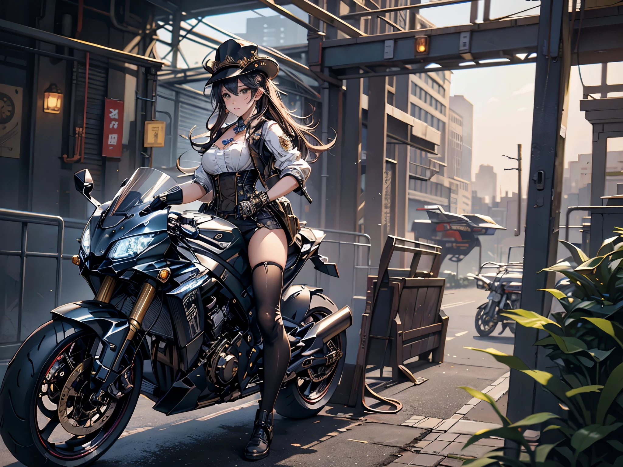 (Line art_anime),(Cowboy Shot, highest quality, ),(Laura Budd Photos:1.2),(Laura Add details:1.0),8K, Flat Color:0.8,Dynamic Angle,1 girl,smile、(On a steampunk motorcycle:1.5)、An elaborately decorated motorcycle、(Highly decorative and complex mechanical steampunk fashion, lace flare dolphin hat、goggles 1.5、machinery background、Gear background、Intricately mechanized steampunk cityscape 1.5),