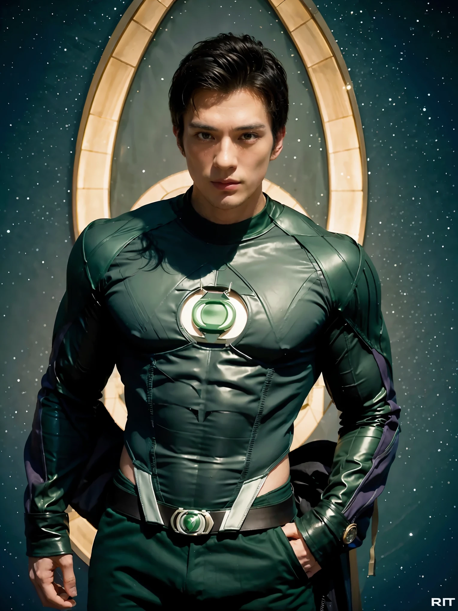 A hansome man in style,(in English: Green Lantern) is a DC Comics superhero. Created by Martin Nodell and Bill Finger, the original Green Lantern was recast as a new superhero with the same name in the 1960s, the original character became known by the name his parents called Alan Scott and for a time adopted the identity from Sentinela (Brazil). The current Green Lantern, founding member of the Justice League of America. This time, he helped cement the new Green Lantern as a popular hero, with a more cosmic theme. lined lips, green bodysuit, covered navel,  muscular, tight skin, All green uniform, muscular man, green bodysuit, yellow bodysuit, Looking at the Viewer,  (realism: 1.5), (Realisitc: 1.4), (Absurdity: 1.4), 8k, ultra-detailed, Detailed handsome man, (Only one:1.4), 1girl, (Viewer facing:1.2),