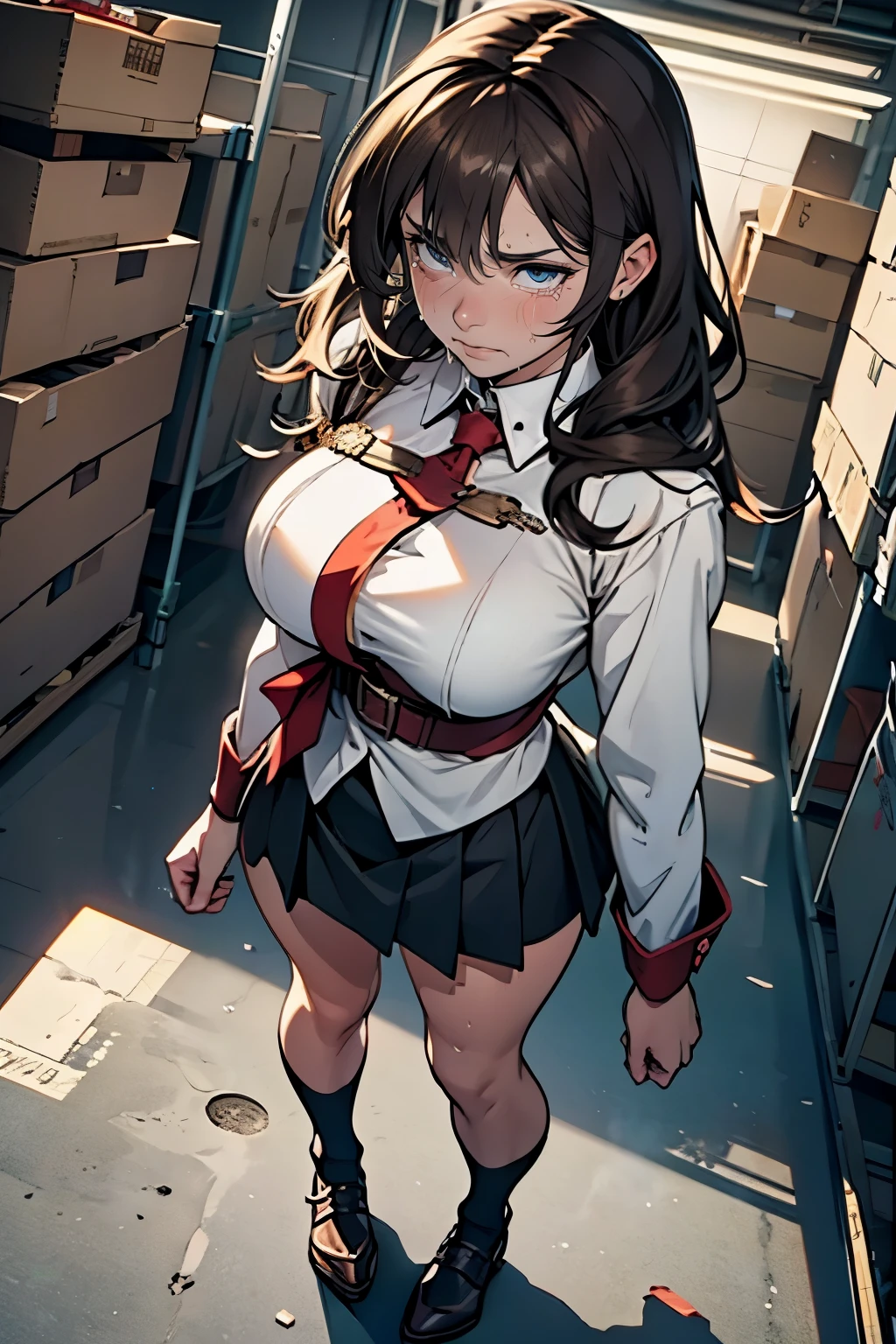 (Highly detailed CG Unity 8k wallpaper), (Masterpiece), (Highest quality), (Super detailed), (Best illustration), (Best shadow), (Absurd), 25 years old, Bullish, Embarrassed, Sweat, Steam, Looking The viewer sees a female teacher, long hair, brown hair, white blouse, black skirt, upward facing eyes, inside a junior high school warehouse, fluorescent lights shining, standing up, full body.