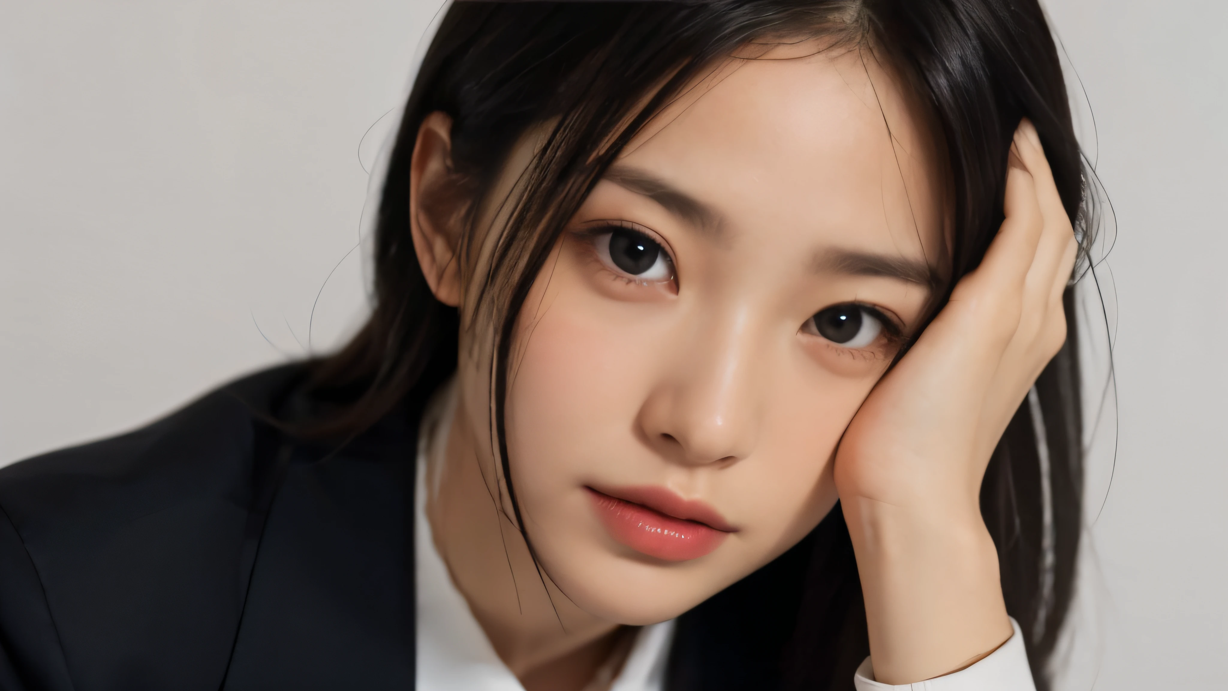 (Realistic: 1.4), (highest quality: 1.4), (Fine grain), Full body shot, ((White background)), ((I&#39;m scratching my head)), ((One adult woman)), Black Hair, ((Navy blue suit)), Wide eyes, Blushed face, ((hold one&#39;s head)), Highly detailed face and skin texture, Healthy Skin, 8k resolution