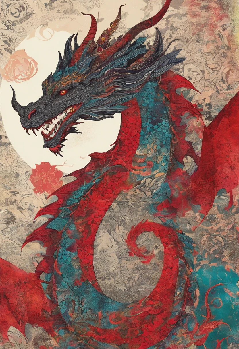 dragon tout rouge cramoisi écarlate rougeoyant heureux, posture dansante, regard joyeux, fond palais soleil rayonnant flammes ::2 colorful ink painting ::2 art fantasy