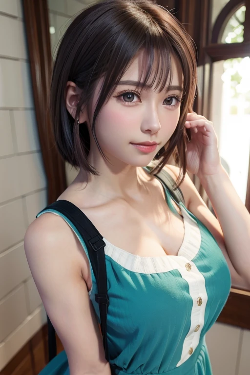 (8k、Photorealistic、Raw photo、highest quality: 1.3)、(real skin),Beautiful expression、High Detail、超A high resolution、(One Girl)、Super Beauty、(True Face)、(boyish、Natural color very short hair)、Rough chest T-shirt、Captivate your audience、Beautiful breasts、Lover's point of view、Beautiful smile、attractiveSurreal、hanikami,(casual dress:1.2,aqua:1.5)