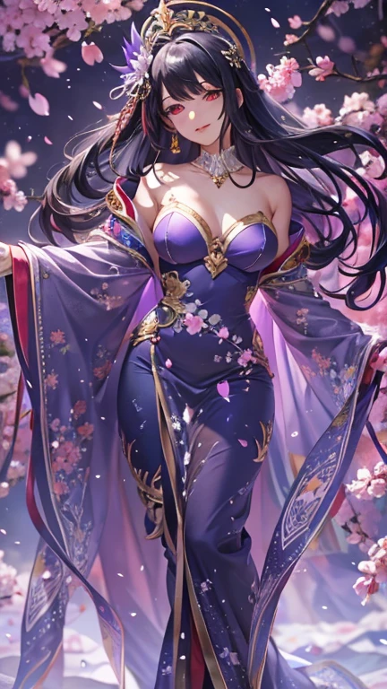 ((Beautiful purple flame)) (Spread your arms, Holding a purple flame in your hand), (solo straight black hair long hair cute femdom girl, 17, detailed red eyes, Rouge Lip, smile, Wearing a cherry blossom dress, break, Perfect Anatomy, masterpiece:1.2, highest quality, 8k, beautiful and detailed growth, Utopian performance.