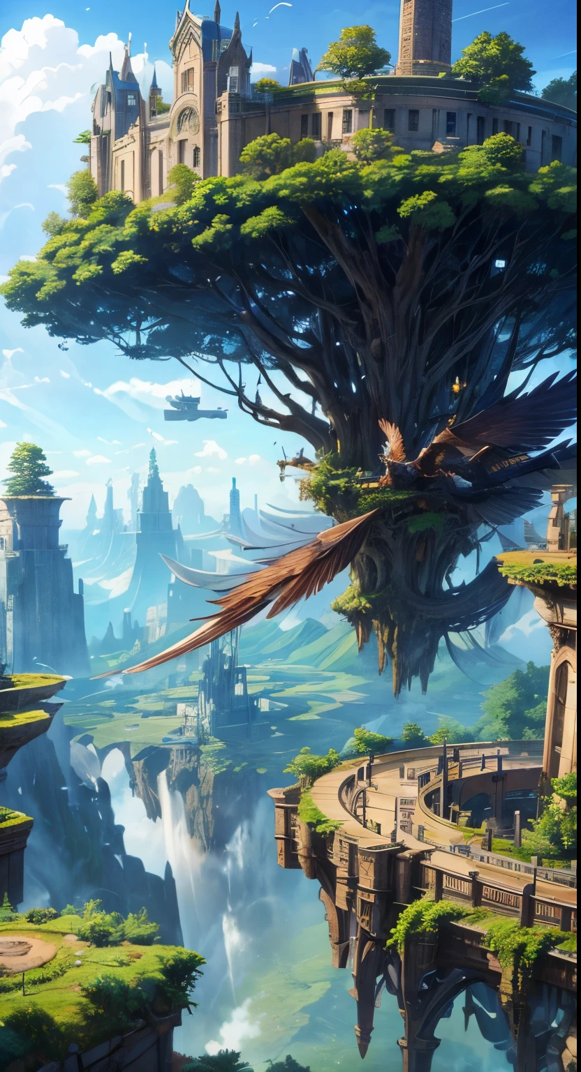 Imagine a sprawling city built on top of giant, ancient trees that pierce the clouds. Anime characters with flowing clothes and steampunk-inspired gadgets could be soaring between the trees on fantastical flying creatures.