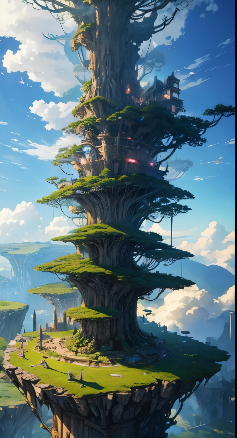 Imagine a sprawling city built on top of giant, ancient trees that pierce the clouds. Anime characters with flowing clothes and steampunk-inspired gadgets could be soaring between the trees on fantastical flying creatures.
