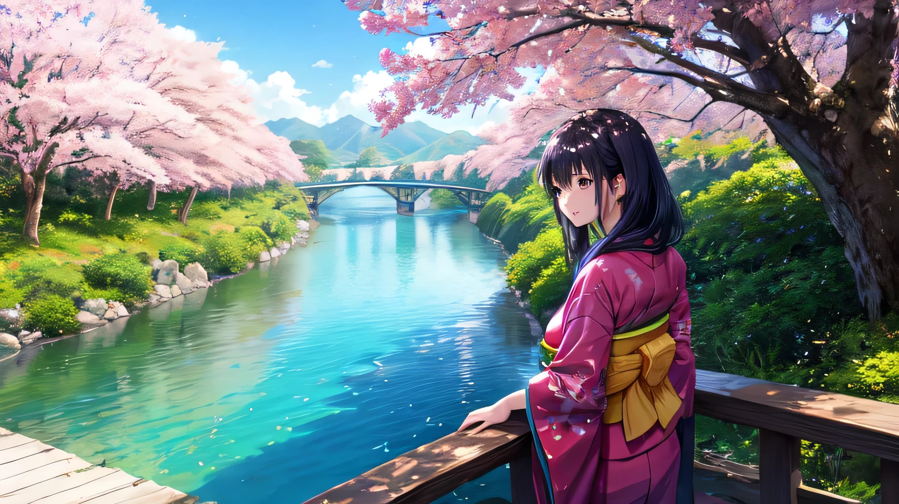 for anime,A beautiful woman in a Japanese kimono is looking at the scenery by the river,summer