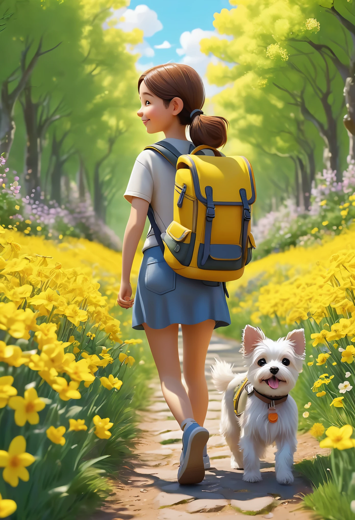 Tip: A very charming with a backpack and her adorable puppy enjoying a lovely spring outing surrounded by beautiful yellow flowers and nature. The illustration is a high-definition illustration in 4K resolution with highly detailed facial features and cartoon-style visuals.