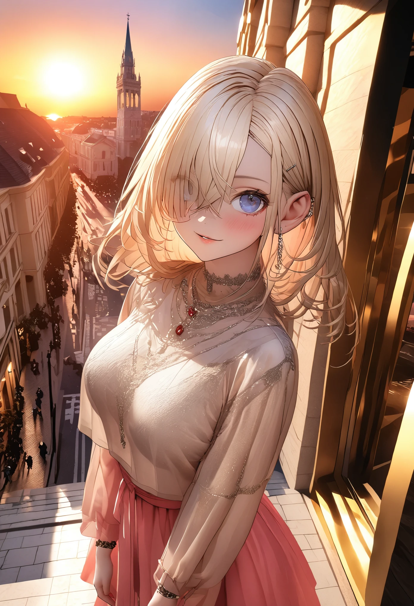8k、masterpiece、highest quality、Highest Level、Best image quality、Drawing a person using line art、Pieces fly、Intricate details、High resolution、Depth Field、Natural light、Professional Lighting、A European tourist city that has flourished since ancient times、The city turns red in the sunset、Sunset sky、(One girl)、soro、Italian girl posing for the camera、(cute:1.2)、(Skin with attention to detail: 1.2)、Photorealistic Anime Girl Rendering、Realistic anime 3D style、Beautiful light blonde hair、Strong blue eyes、Strong eye highlights、big breasts、Perfect Anatomy、Crossed bangs、Asymmetrical bangs、Put out your ears、eyelash、(Casual Fashion、short boots)、Realistic Cars、((Italian tourist destinations、The city turns red in the sunset、A historic streetscape、Luxury hotel with marble entrance、Cafe Terrace、Tall church tower、Detailed old castle、Sunset sky、Watching the sunset and the city))、