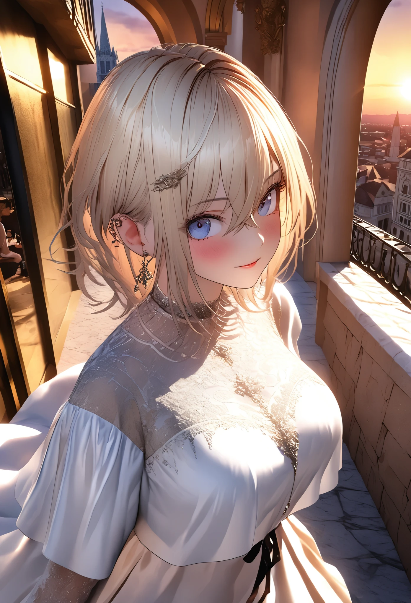8k、masterpiece、highest quality、Highest Level、Best image quality、Drawing a person using line art、Pieces fly、Intricate details、High resolution、Depth Field、Natural light、Professional Lighting、A European tourist city that has flourished since ancient times、The city turns red in the sunset、Sunset sky、(One girl)、soro、Italian girl posing for the camera、(cute:1.2)、(Skin with attention to detail: 1.2)、Photorealistic Anime Girl Rendering、Realistic anime 3D style、Beautiful light blonde hair、Strong blue eyes、Strong eye highlights、big breasts、Perfect Anatomy、Crossed bangs、Asymmetrical bangs、Put out your ears、eyelash、(Casual Fashion、short boots)、Realistic Cars、((Italian tourist destinations、The city turns red in the sunset、A historic streetscape、Luxury hotel with marble entrance、Cafe Terrace、Tall church tower、Detailed old castle、Sunset sky、Watching the sunset and the city))、