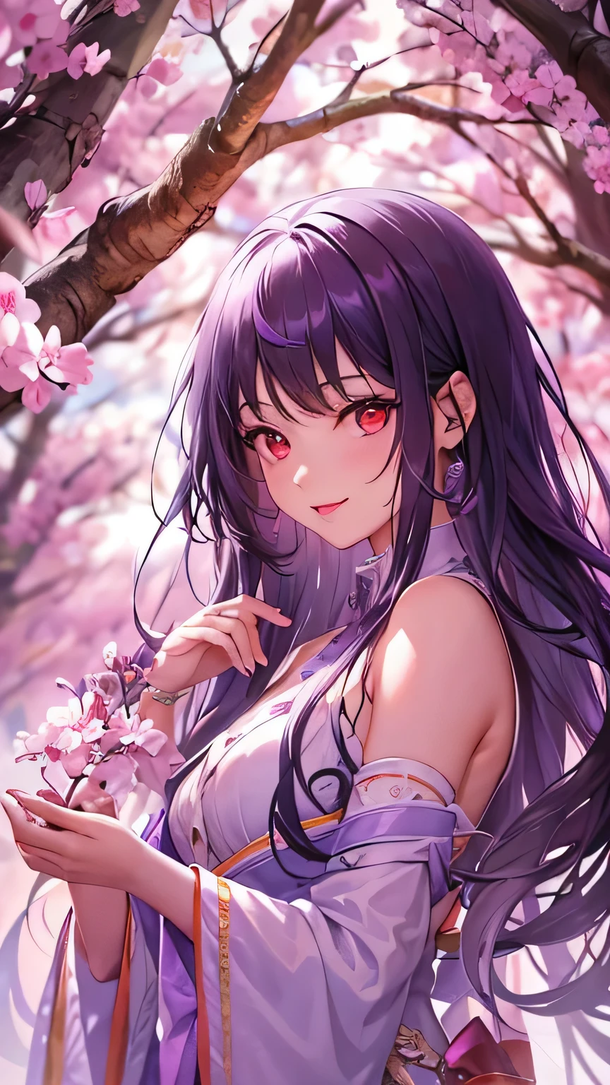 ((Beautiful purple flame)) (Spread your arms, Holding a purple flame in your hand), (solo straight black hair long hair cute femdom girl, 17, detailed red eyes, Rouge Lip, Sexy smile, Wearing a cherry blossom dress, break, Perfect Anatomy, masterpiece:1.2, highest quality, 8k, beautiful and detailed growth, Utopian performance.
