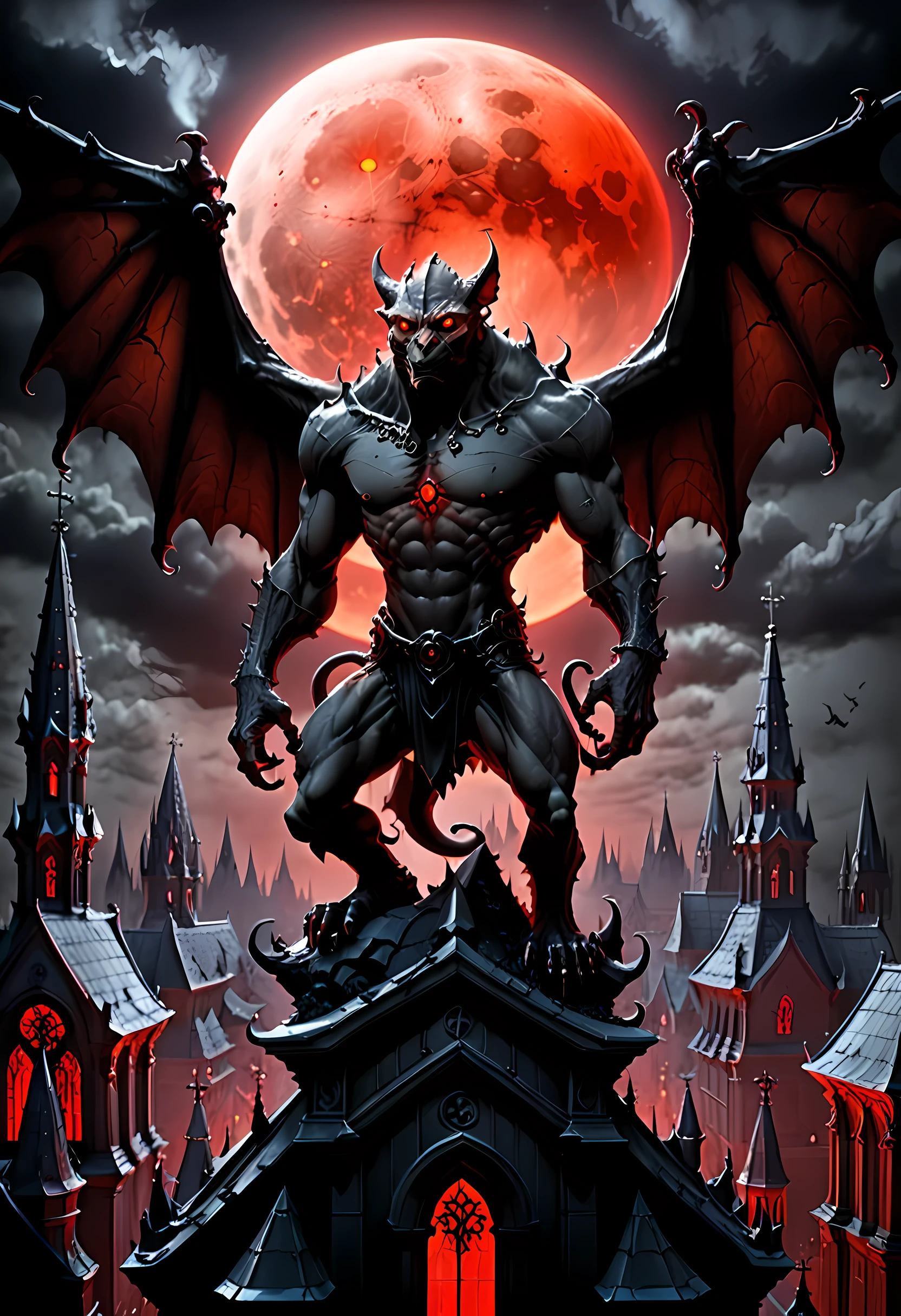 fantasy art, d&d art, goth art, a picture of a gargoyle standing at night over the roof top of a goth church, the gargoyle skin is black, it has glowing red eyes, massive muscular body, it is ready to attack, BJ_Full_Moon, ladyshadow