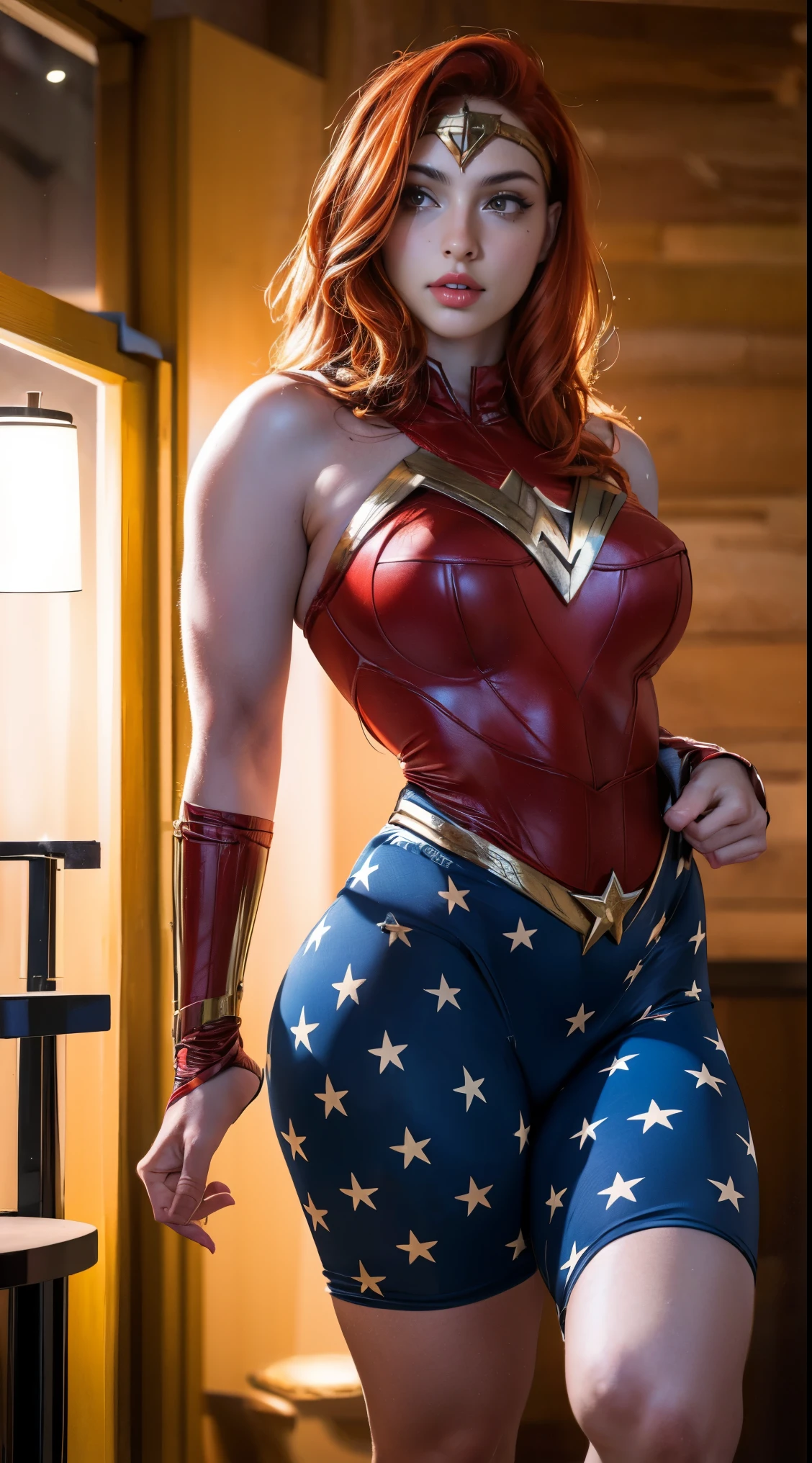 (best quality,4k,8k,highres,masterpiece:1.2),ultra-detailed,(realistic,photorealistic,photo-realistic:1.37),,superhero,harem girl,, Red hair Wonder Woman 