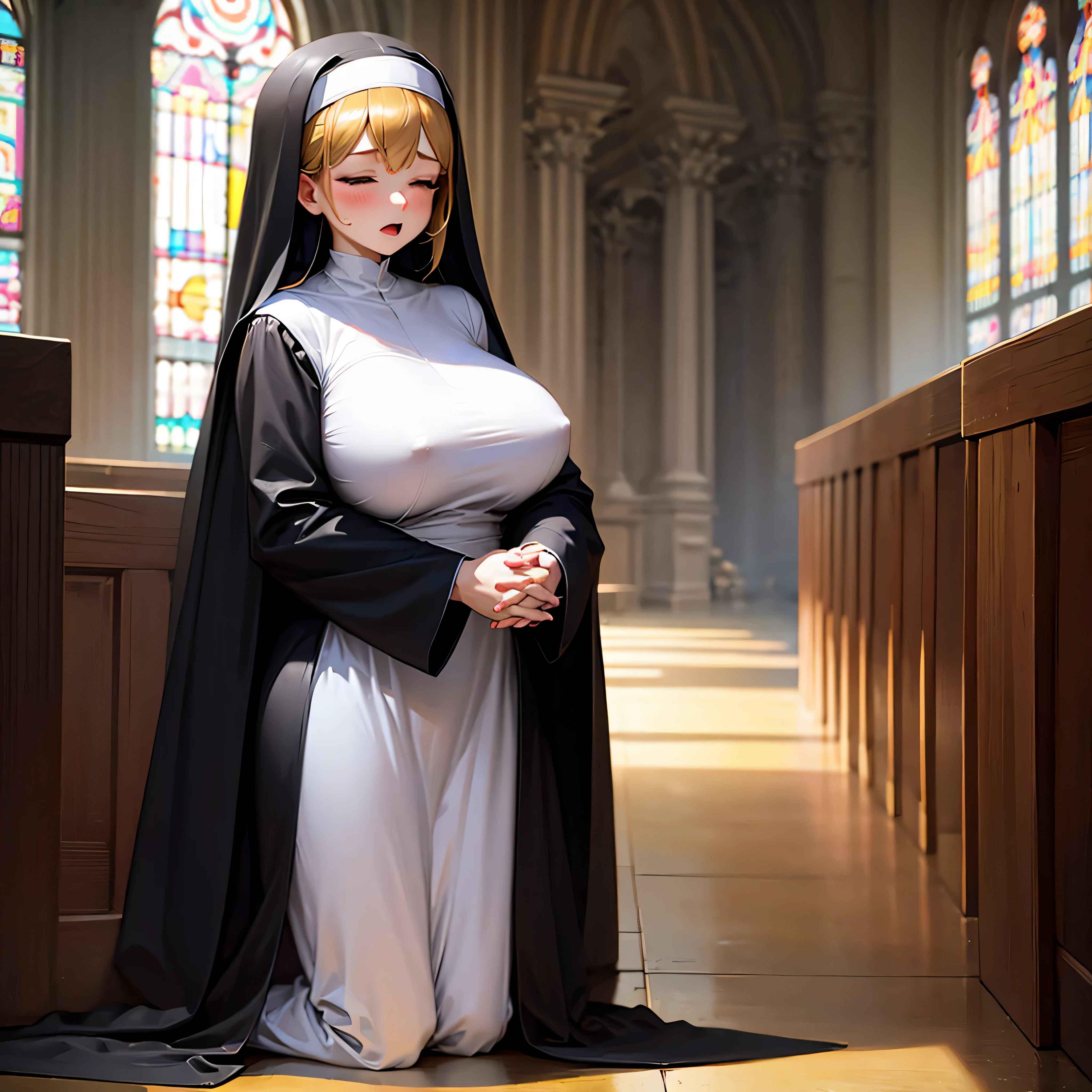 (solo:1.2), (1 praying skinny cute nun:1.3) standing in church, swinging back, (praying with holding hands together over chest:1.2), (tight sheer long black robe:1.6), narrow shoulders, (disproportionately gigantic breasts:1.3), (bursting perky breasts:1.3), (inconceivably narrow waist), too short torso, skinny long legs, closing eyes, nose blush, open mouth, (heavy breathing:1.4), stained glass in distance, full body, 8k, ultra-detailed, masterpiece, beautiful detailed hair, orgasm, (nsfw:0.2)