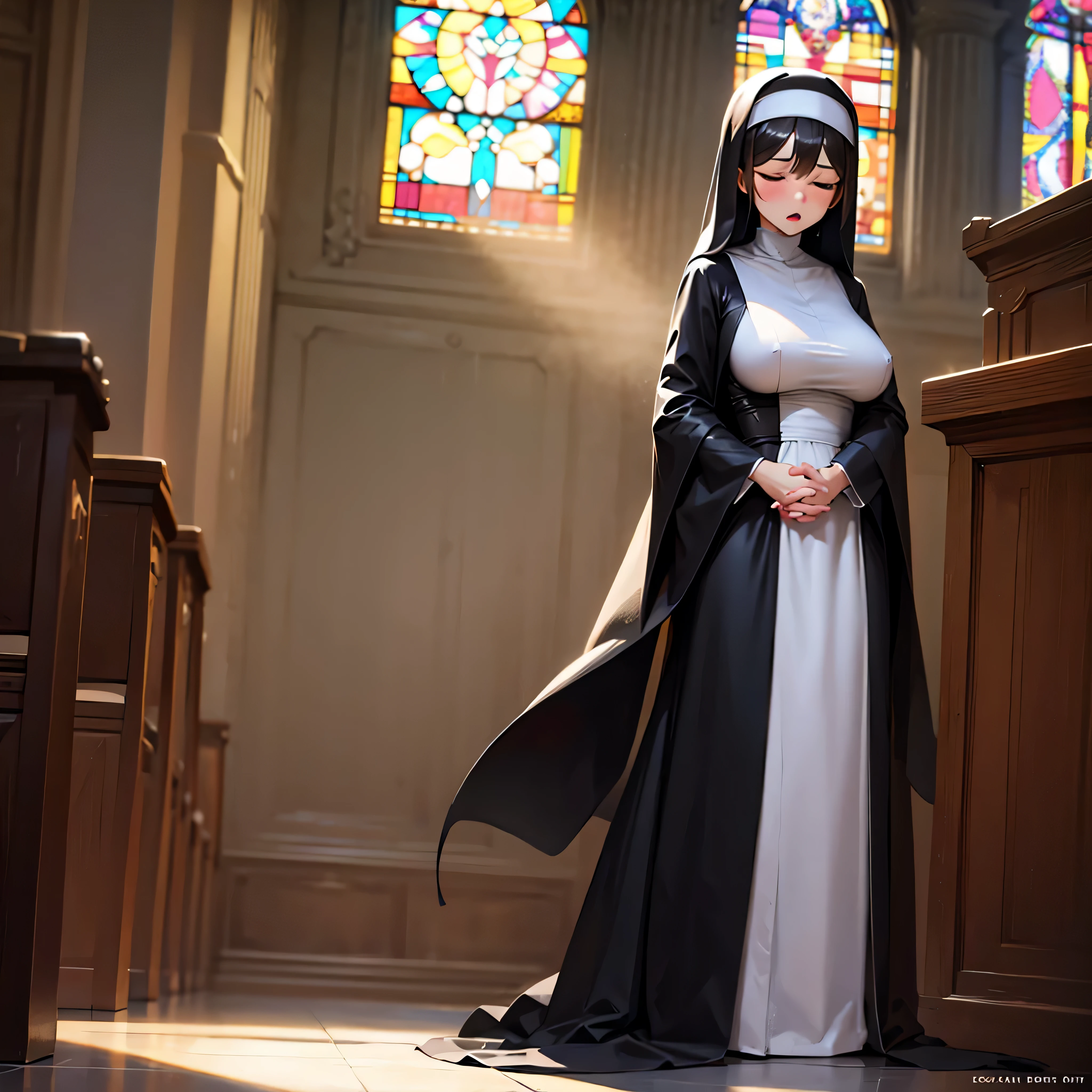 (solo:1.2), (1 praying skinny cute nun:1.3) standing in church, swinging back, (praying with holding hands together over chest:1.2), (tight sheer long black robe:1.6), narrow shoulders, (disproportionately gigantic breasts:1.3), (bursting perky breasts:1.3), (inconceivably narrow waist), too short torso, skinny long legs, closing eyes, nose blush, open mouth, (heavy breathing:1.4), stained glass in distance, full body, 8k, ultra-detailed, masterpiece, beautiful detailed hair, orgasm, (nsfw:0.2)