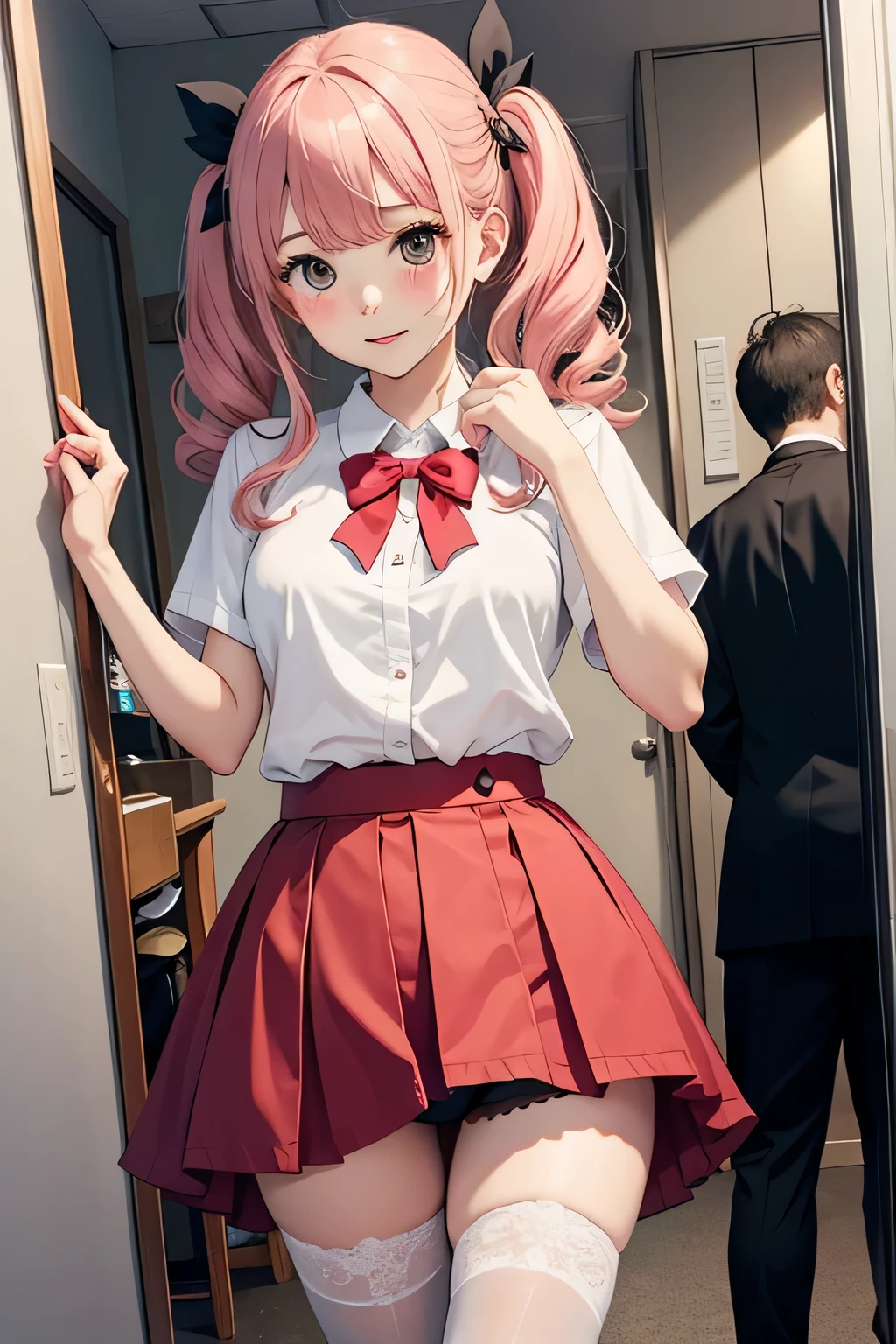 blush、embarrassing、ta、cosplay、cute、stand、Panty shot、lift up the skirt