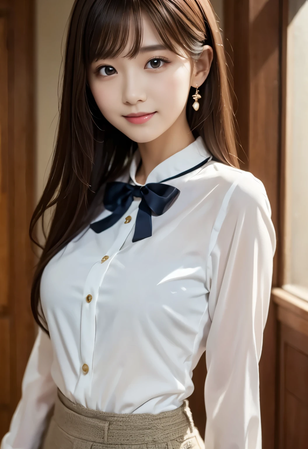 (masterpiece, best quality:1.1), (8k, raw photo, photo realistic:1.2, f22), (shiny skin), detailed skin,long hair,detailed face, detailed eyes, smile,BREAK, real world, intricate details, smil, BREAK, 1girl, (Mandarin collar blouse,pant), BREAK, (city:1.4), BREAK