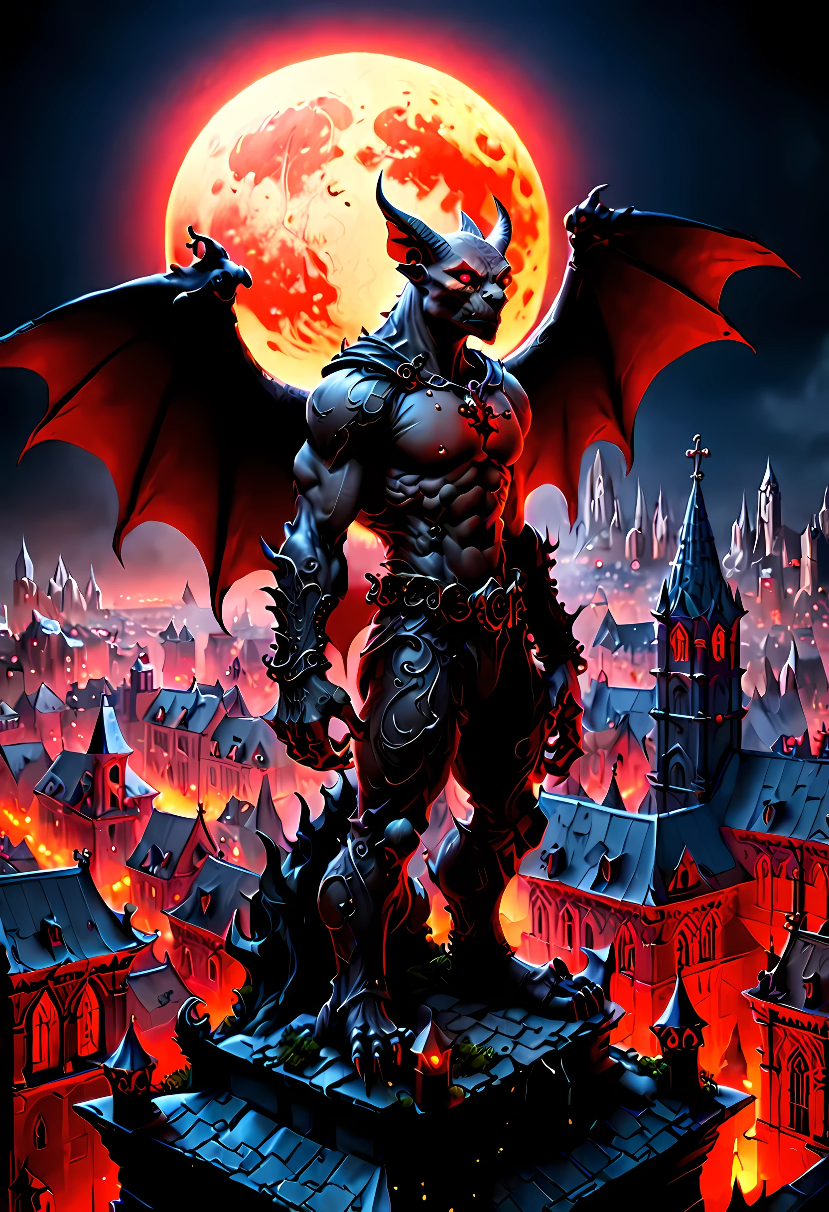 fantasy art, d&d art, goth art, a picture of a gargoyle standing at night over the roof top of a goth church, the gargoyle watches the city below, watches,  skin is black, it has glowing red eyes, massive muscular body, it is ready to attack, medieval city background. BJ_Full_Moon, ladyshadow