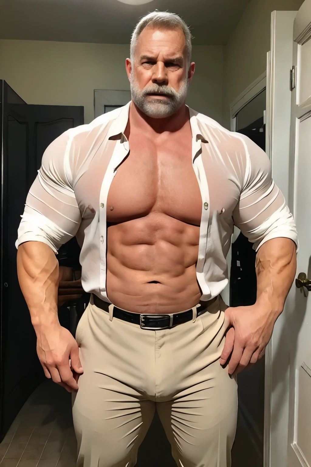 age 60, white man police detective with a mature, kind demeanor, strong and muscular yet chubby build, mustache, wearing dress pants and a buttoned-open translucent shirt that reveals a hairy chest and a noticeable bulge, wearing detective badge on belt, giving off a hint of a horny yet disgusting aura, big bulging crotch, open shirt(!), hairy chest, completing the look with comfortable loafers.