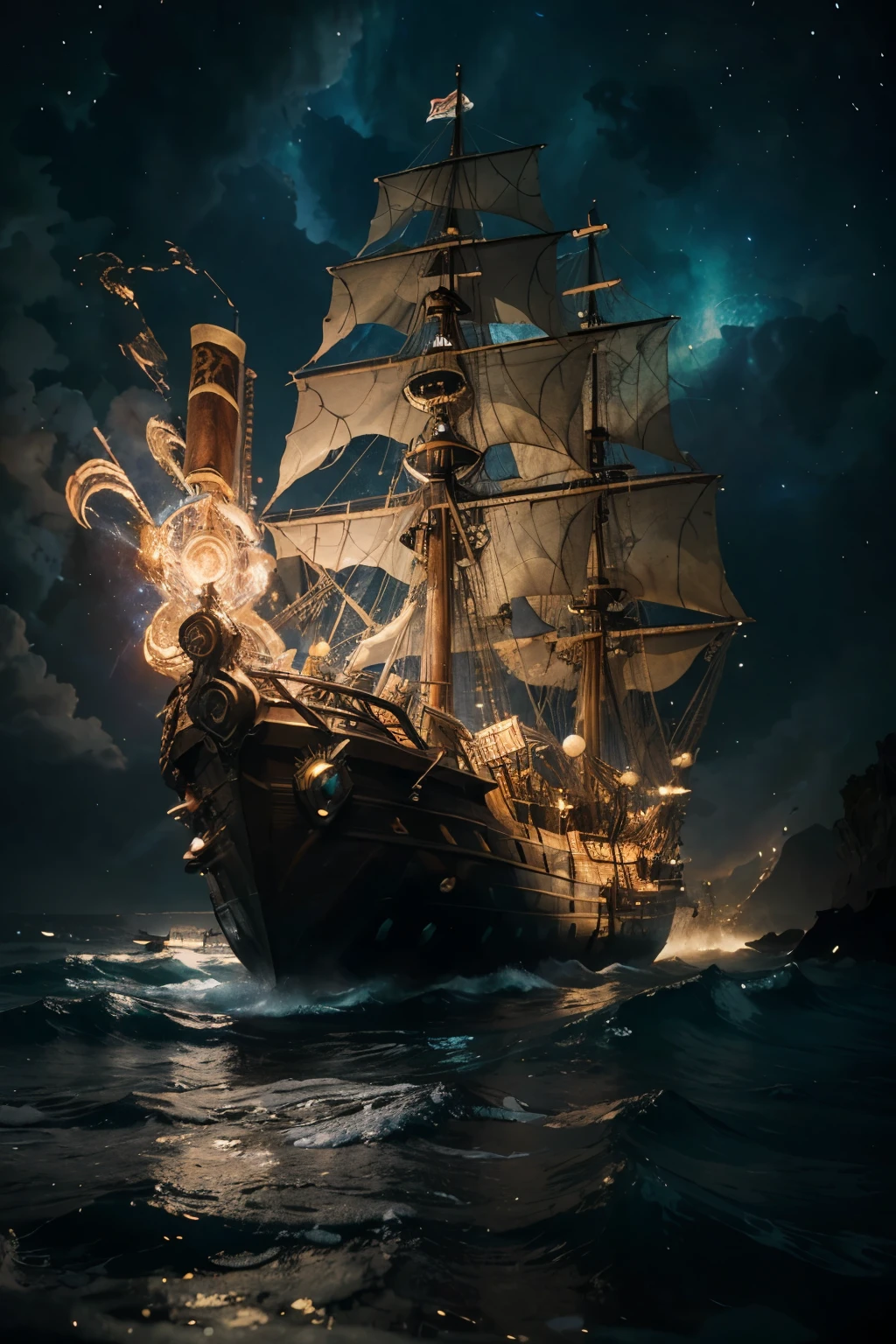 Pirate ship trapped in a cosmic maelstrom nebula, rendered in cosmic beach whirlpool engine, volumetric lighting, spectacular, ambient lights, light pollution, cinematic atmosphere, art nouveau style, illustration art artwork by SenseiJaye, intricate detail.