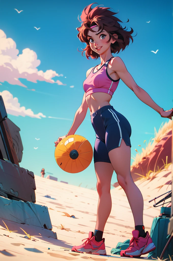 masterpiece, ultra-detailed, 80's anime (style), 2D, megapixel, perfectionism, full HD , 4K, (windjammers:0,9), sport game, mature anime woman, 1girl, looking at viewer, full body, brown hair and pink hair, short hair, weird hair, smile, lips, eyelashes, small breasts gym_uniform, gym shorts, headband, sports bra, elbow pad, knee pad, top sport armor, extreme sports outfit 80's theme, beach background, frisbee, flying disc, flying disc game, beach court, sea, sun in the sky, sports wear, woman