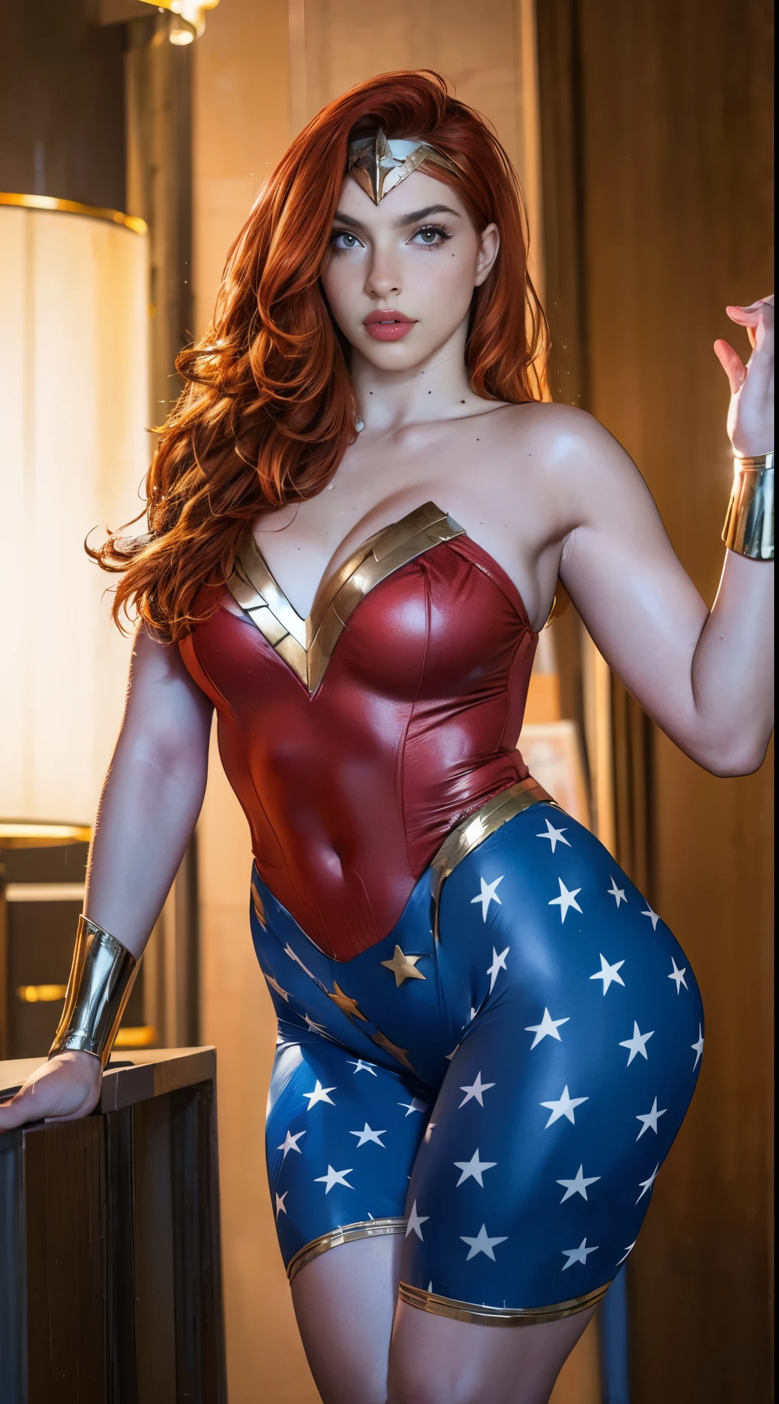 (best quality,4k,8k,highres,masterpiece:1.2),ultra-detailed,(realistic,photorealistic,photo-realistic:1.37),,superhero,harem girl,, Red hair Wonder Woman 