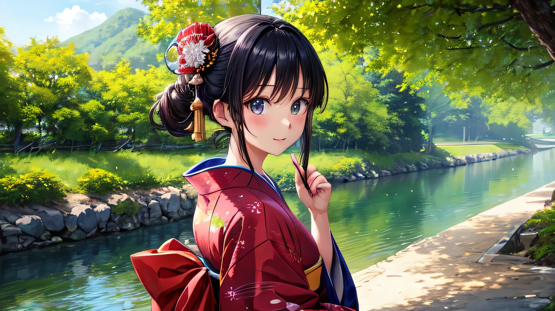 for anime,A beautiful woman in a Japanese kimono is looking at the scenery by the river,summer light