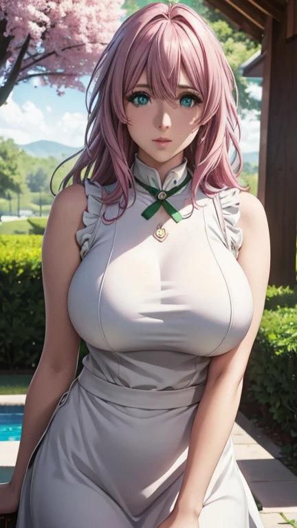  Large breasts, Cute girl, big sized breast, white apron, sleeveless, ultra realistic eyes , garden outside, pink cooler hair, bright green eyes, ultra realistic detailed eyes, innocent eyes, looking at camera, long hair,