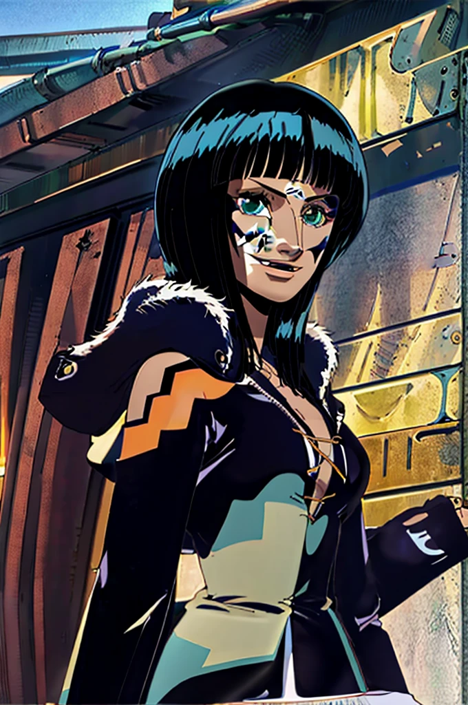 1girl, (solo:1.2), (standing:1.3), (posing for the camera:1.3), (cowboy shot:1.5), smile, happy, at ease, (curvy:1.2), (masterpiece:1.3), (best quality:1.3), (perfect anatomy:1.4), highly detailed, semi-realistic artstyle, vibrant, soft shading, expressive, fubuki, black hair, green eyes, short hair,, black dress, dress, fur coat, high collar, jewelry, necklace, off shoulder, taut clothes, taut dress, (orange sky:1.2), (cowboy scenery:1.2), (sunset:1.4), outside, summer