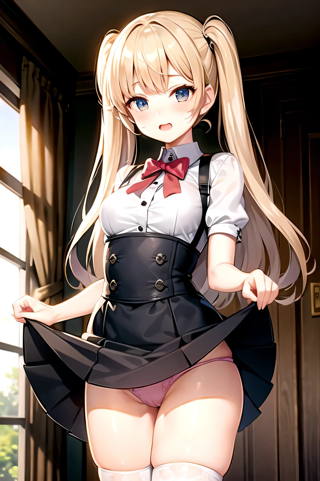 blush、embarrassing、ta、cosplay、cute、inner thigh、stand、Panty shot、lift up the skirt