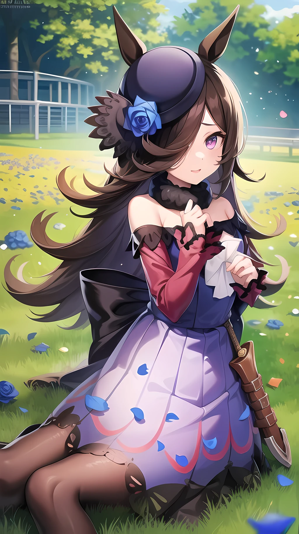 a woman in an anime style dress is standing in some flowers in the grass, One girl, Rice Shower (umamusume), alone, flower, Long Hair, Horse's ears, blue flower, Animal ears, blue Rose, Hair on one eye, Outdoor, Rose, dress, Purple eyes, Have flower, off-shoulder dress, pantyhose, Have, horse girl, Off the shoulder, View your viewers, smile, brown hair, Exposing shoulders, wood, tilted hat, chest