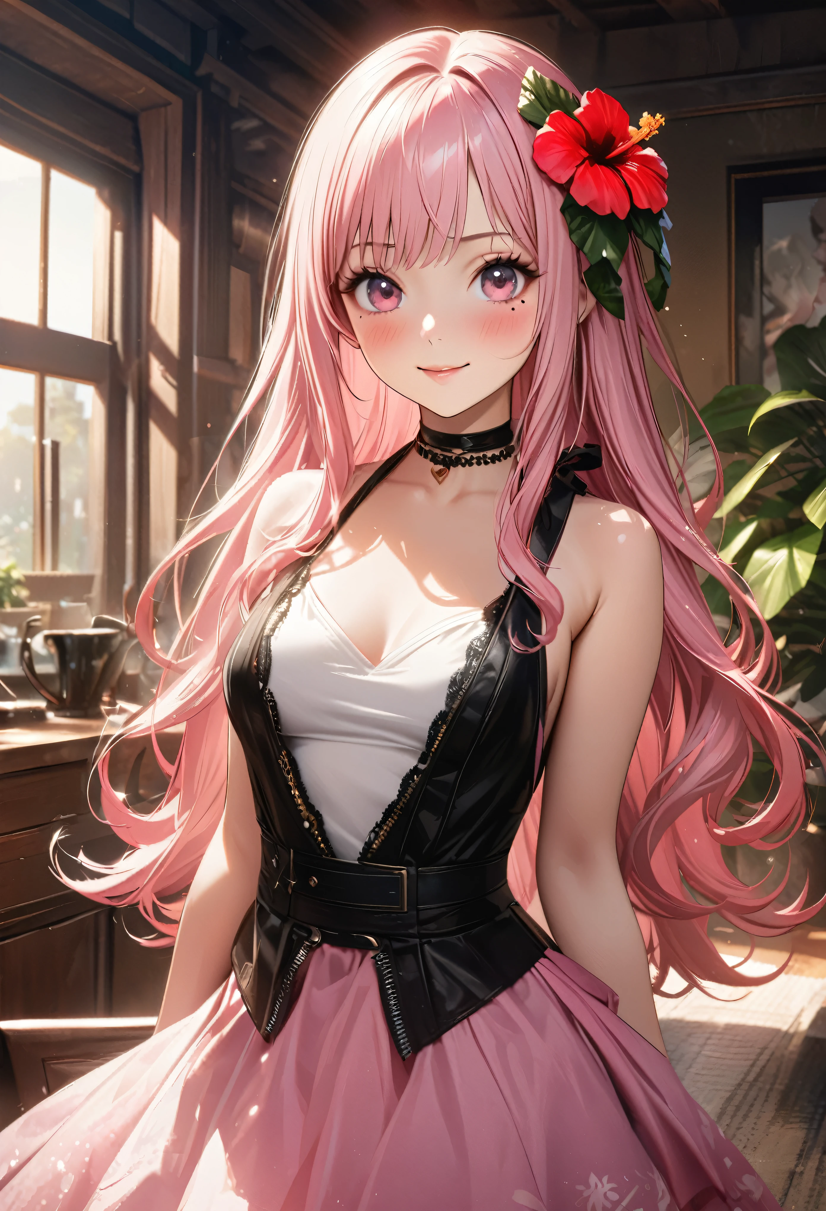 masterpiece, highest quality, Very detailed, High resolution, An expensive solution, High resolution, 4K, 8k, unity 8k wallpaper, Very detailed CG, masterpiece, 2D, 3D, Beautiful details, depth, Fine texture, highest quality: 1.3, Total concentration, Crisp skin, he, Very cute anime rabbit, A cute rabbit like an idol, expensive pink long hair, One Girl, Aloha One Piece, morning, morning食, hibiscus hair accessory, Smiling long pink hair, whole body, Mole under the eye, Line Sight, expensive, blush, Lips parted, heart, Pink Eyes, choker