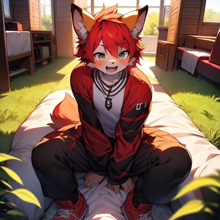 youth,Shota,Red Hair ,male, Lying down, Masterpiece, high resolution,8K,Detailed background,high quality, Boys,looking at the audience,Viewing angle,From the front,shorter pants,male焦点,Wolf's facial features,character boy,Wearing a necklace,Basketball costumes,In the grass,Sweating,Open your mouth,Expression of enjoyment,
